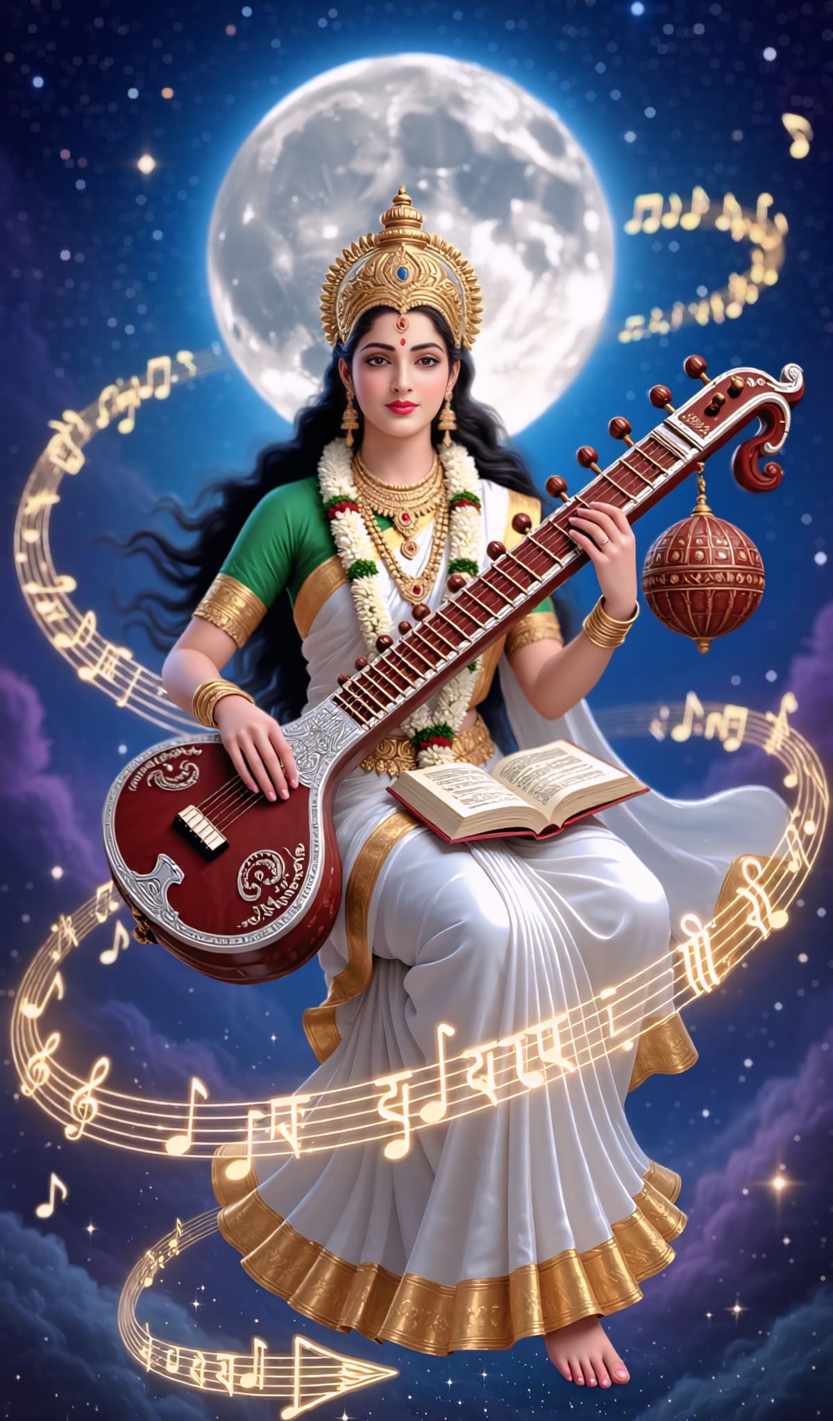Beautiful 4K image of Goddess Saraswati playing veena under a full moon, HD wallpaper free to download