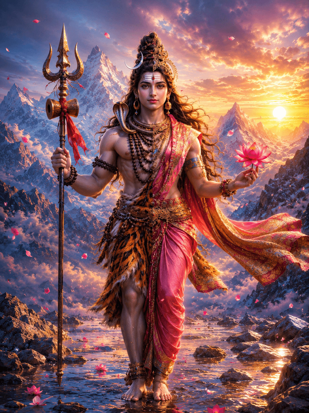Stunning 4K Ardhanarishvara image with Trishul, lotus flower, and Himalayan mountains, free HD download for wallpapers and devotional projects
