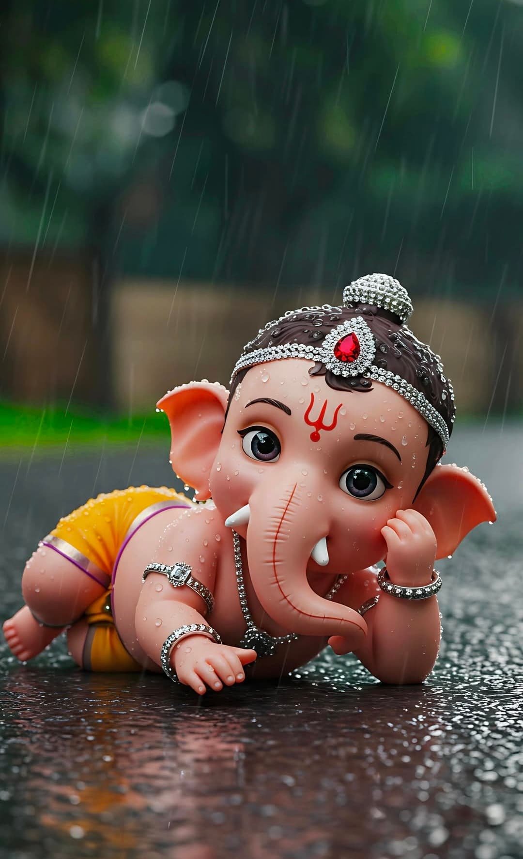 Cute baby Lord Ganesha idol lying on the ground in rain with ornaments.