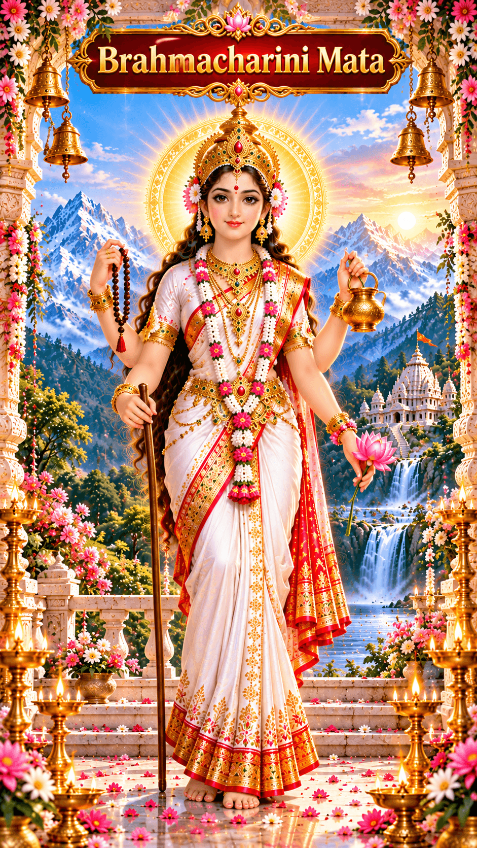 Brahmacharini Mata standing in a white saree with a kamandalu, prayer beads and lotus, surrounded by flowers and mountains, HD 4K image.