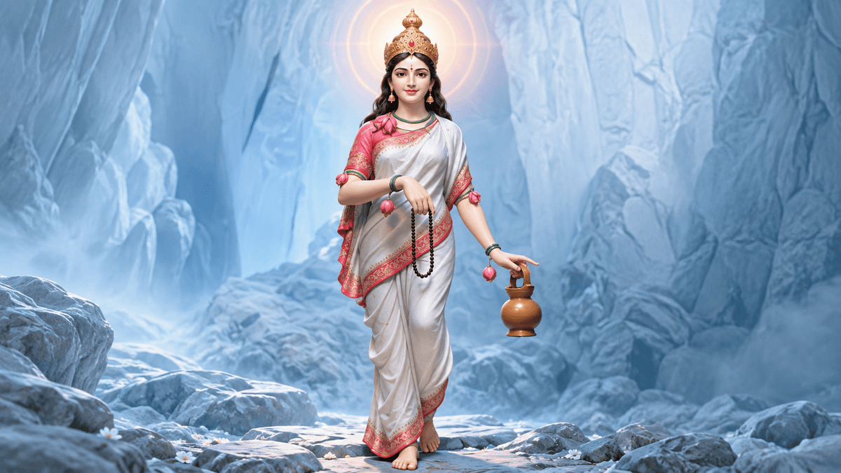 Brahmacharini Mata in a white saree holding prayer beads and a kamandalu, standing in a serene icy mountain setting, HD 4K image.