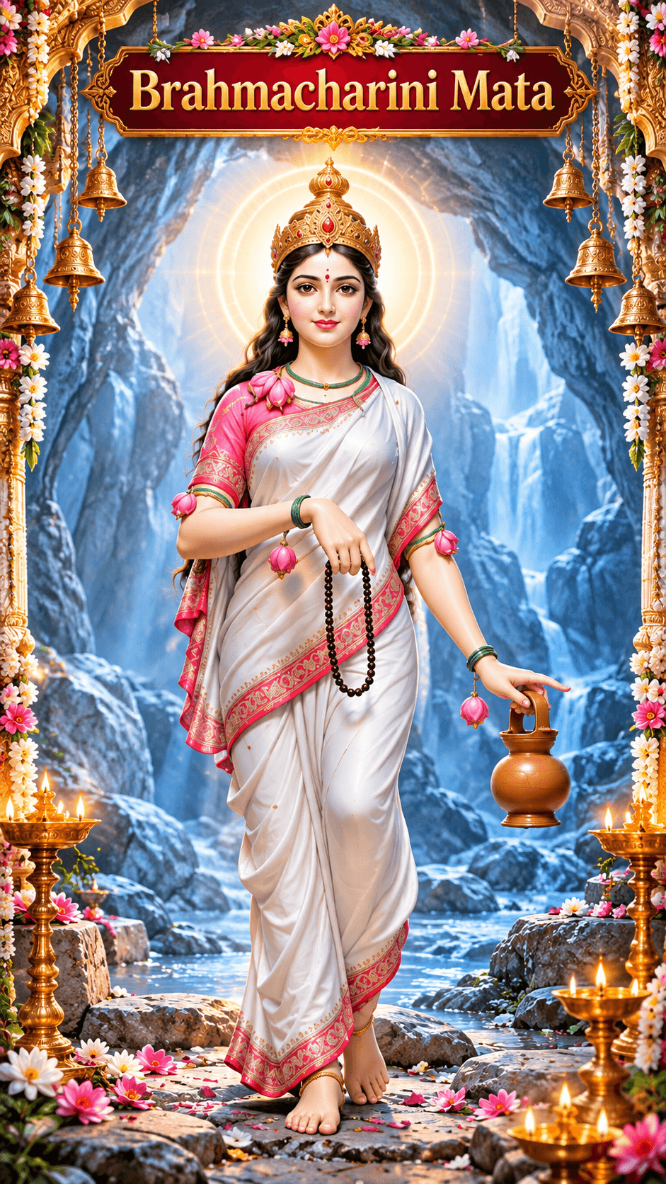 Brahmacharini Mata wearing a white saree with pink border, holding prayer beads and a kamandalu beside a mountain stream, HD 4K image.