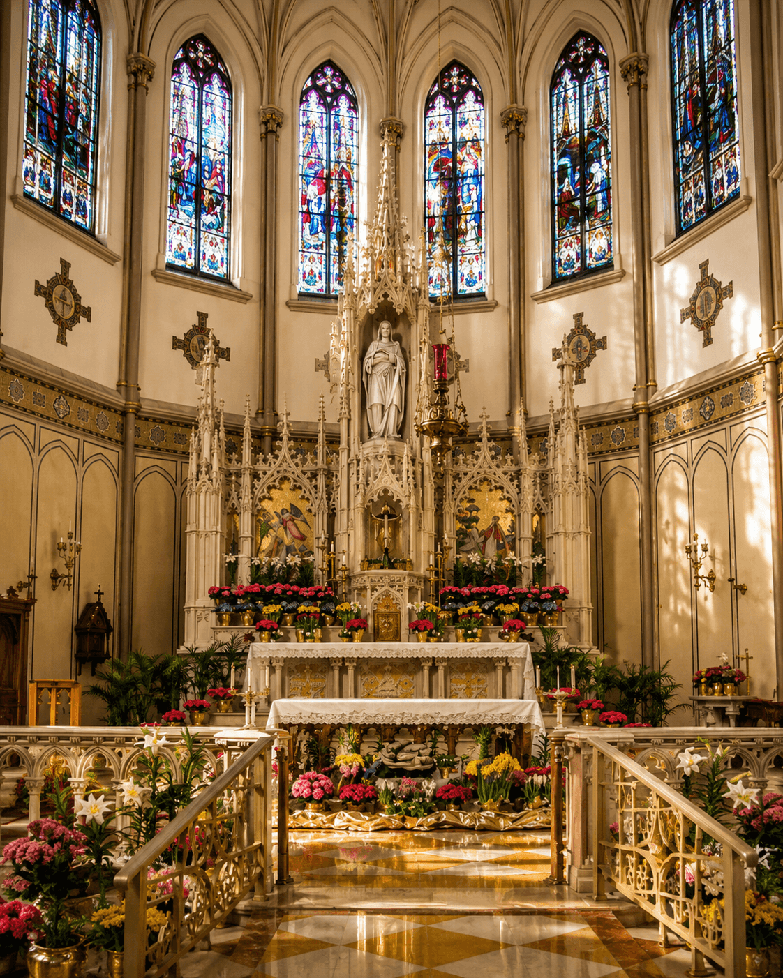 Ornate Catholic church altar decorated with colorful flowers, stained-glass windows, religious statues and Gothic architectural details, 4K image.