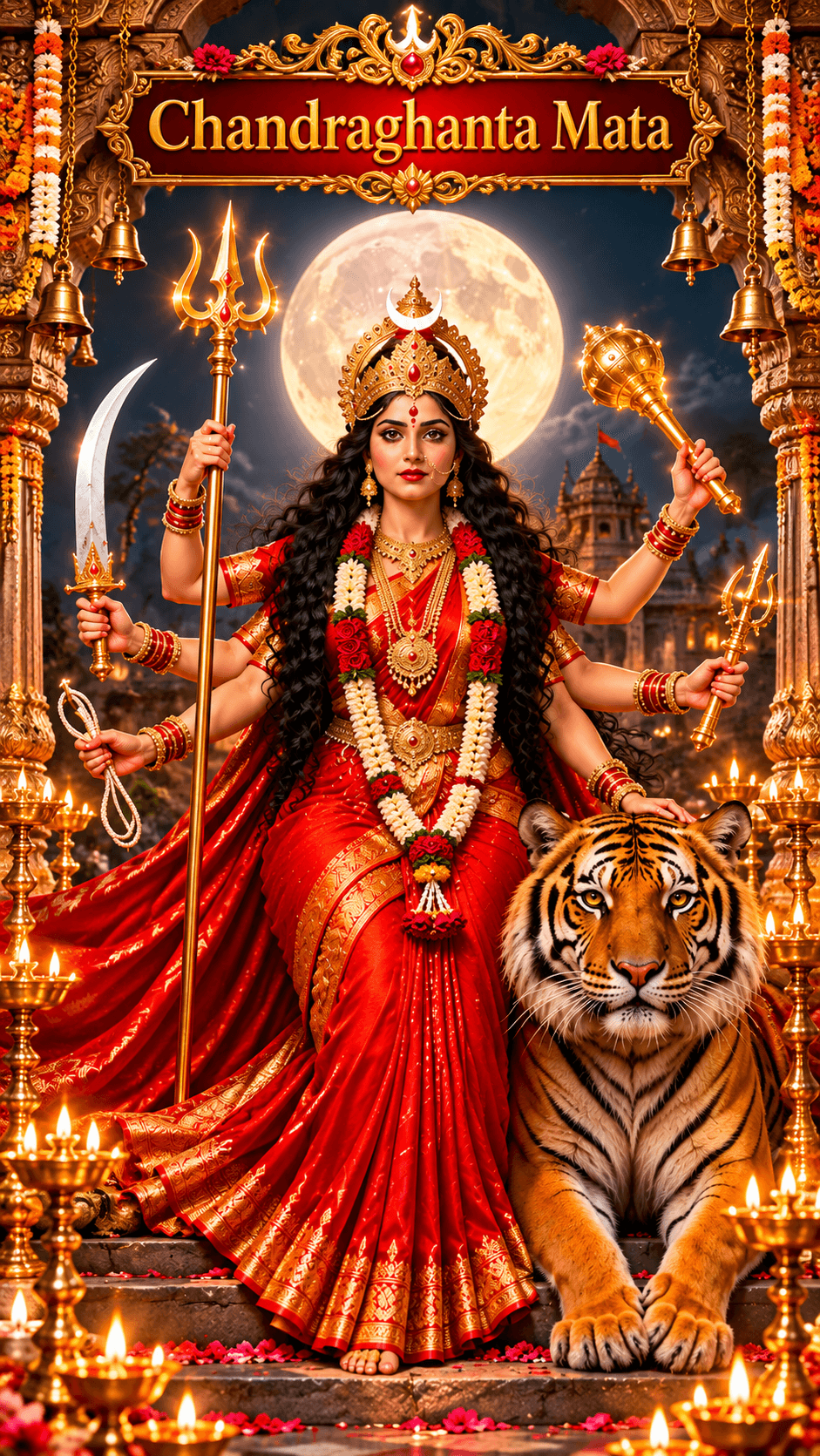 Chandraghanta Mata in a red saree with multiple arms, crescent moon crown, divine weapons and tiger, surrounded by glowing diyas, HD 4K image.