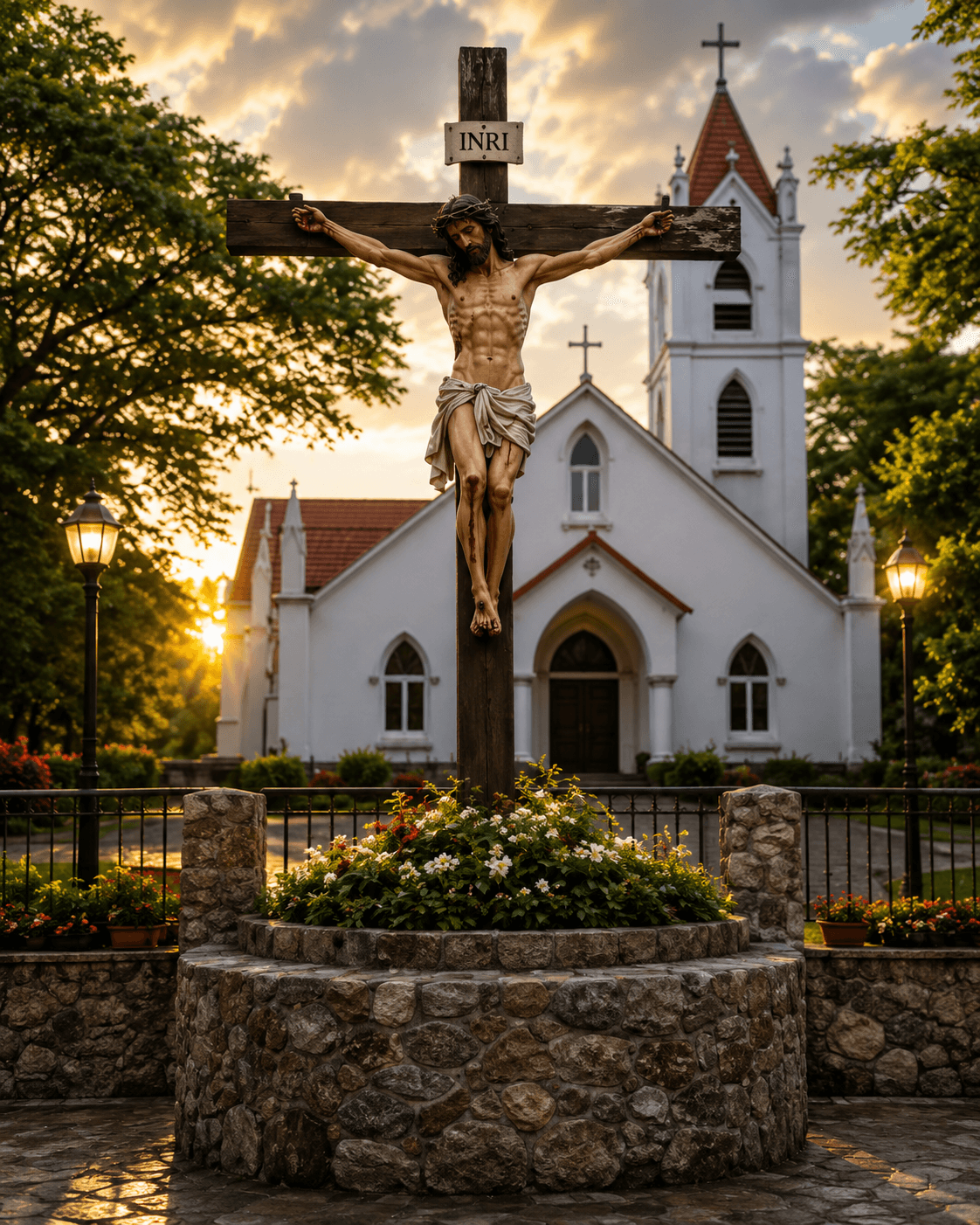 High-resolution image of a beautiful Christian church with white towers, red roofs, crosses, stained glass windows, and mist-covered mountains under a dramatic blue sky.
