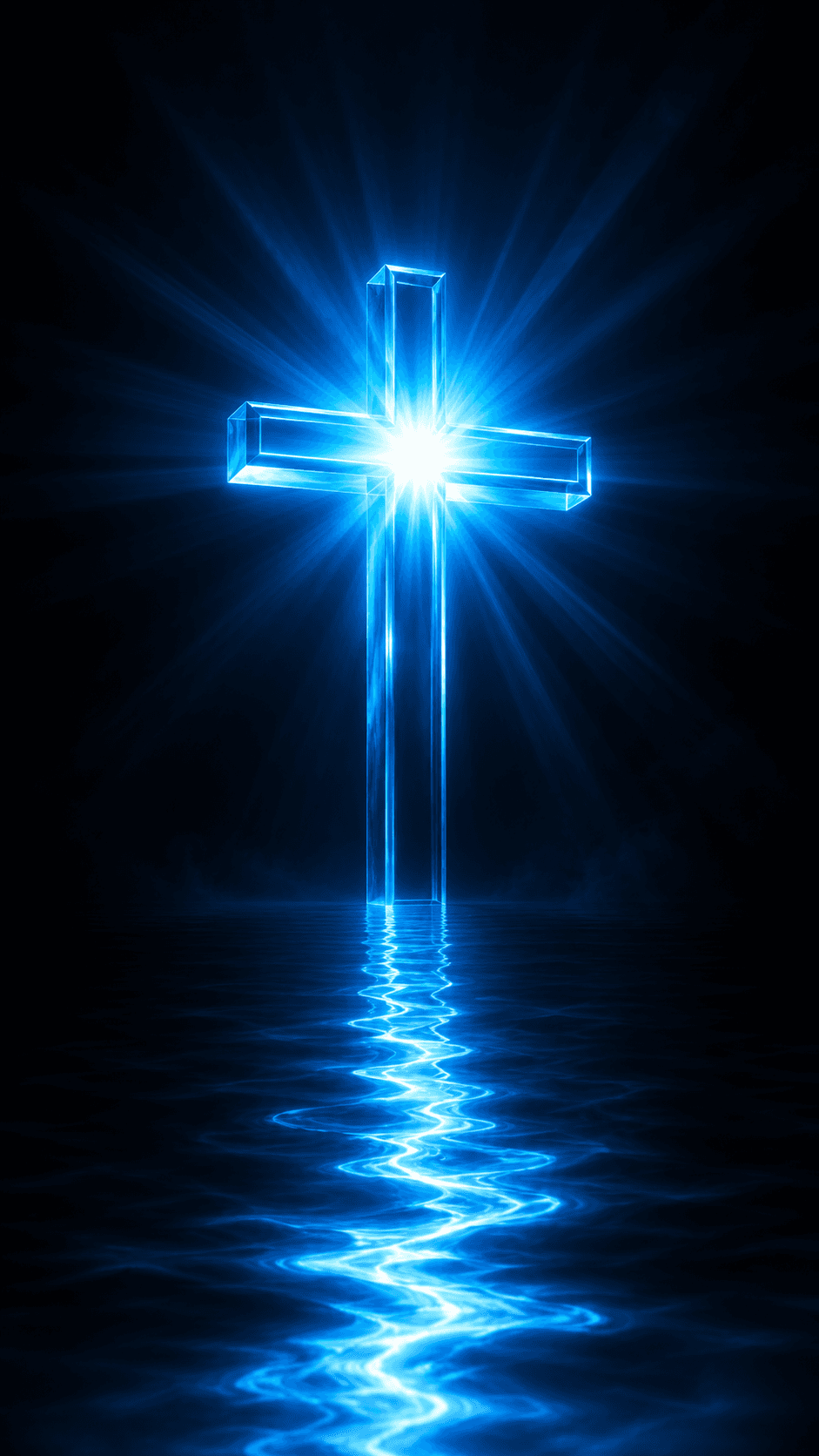 High-resolution glowing blue Christian cross with radiant light beams and a water reflection on a dark background, ideal for HD wallpapers, Christian artwork, and devotional designs.