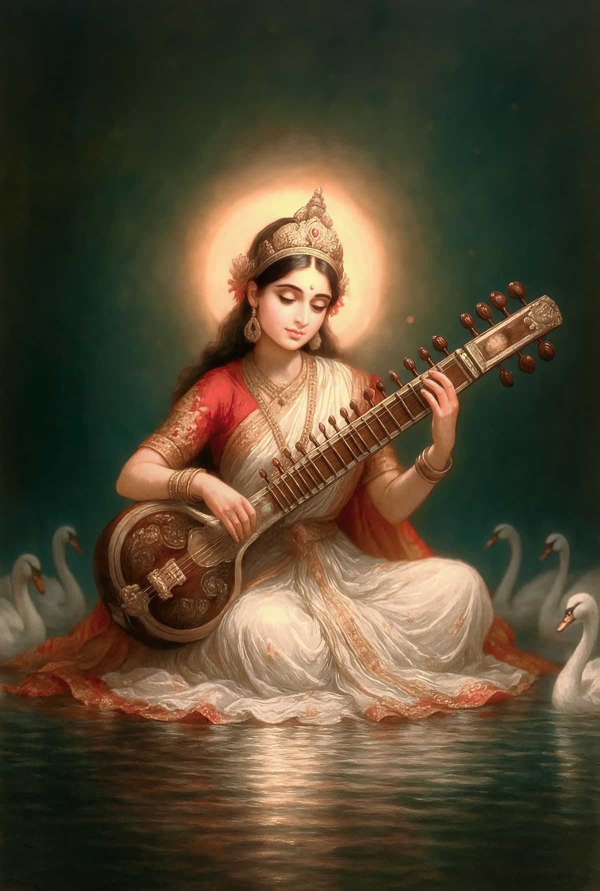 Classical painting style image of Goddess Saraswati playing veena, HD free download