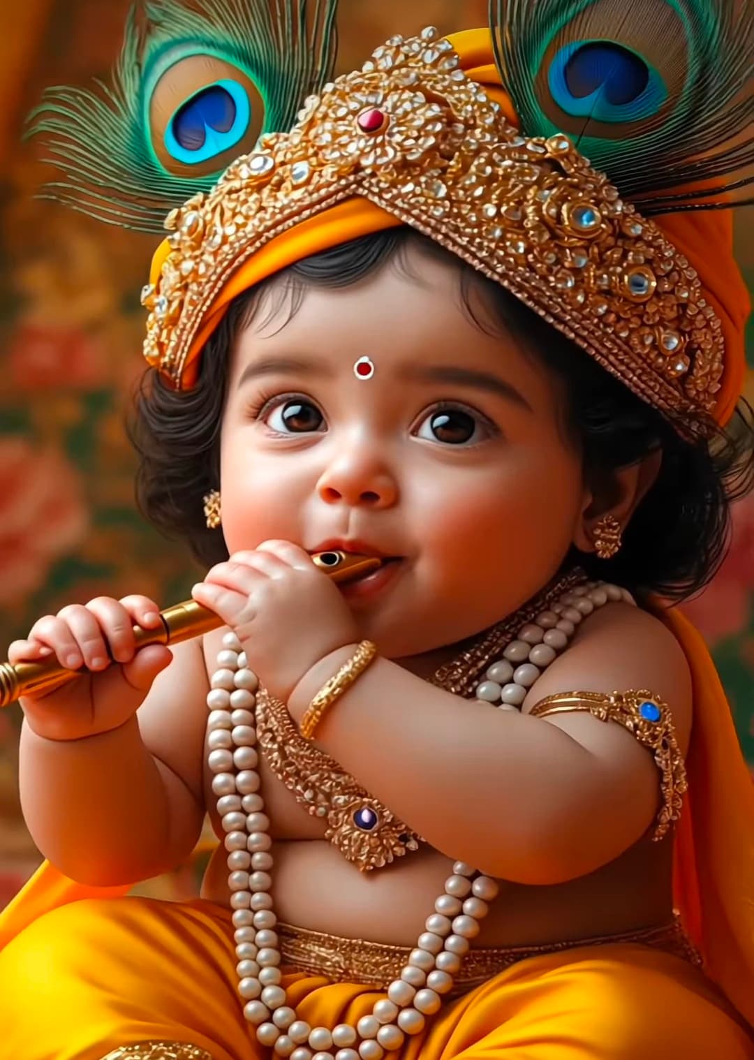 Baby Krishna holding flute with crown and peacock feather