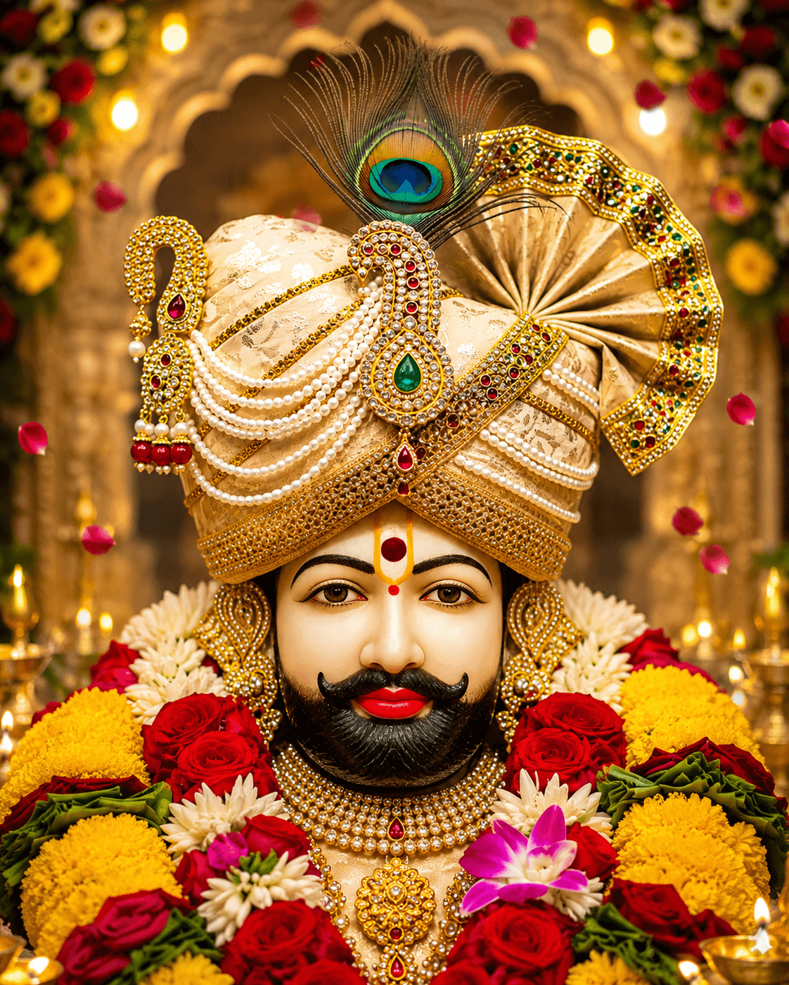 Beautiful 4K image of Khatu Shyam Ji with pearl-studded golden turban, peacock feather, floral garlands, and glowing temple lights, free HD wallpaper download.