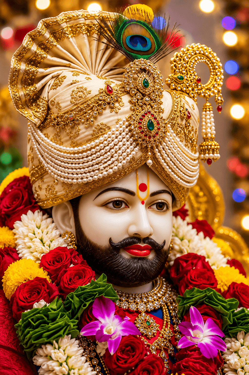 Beautiful 4K image of Khatu Shyam Ji with pearl-studded golden turban, peacock feather, and floral garlands, free HD wallpaper download