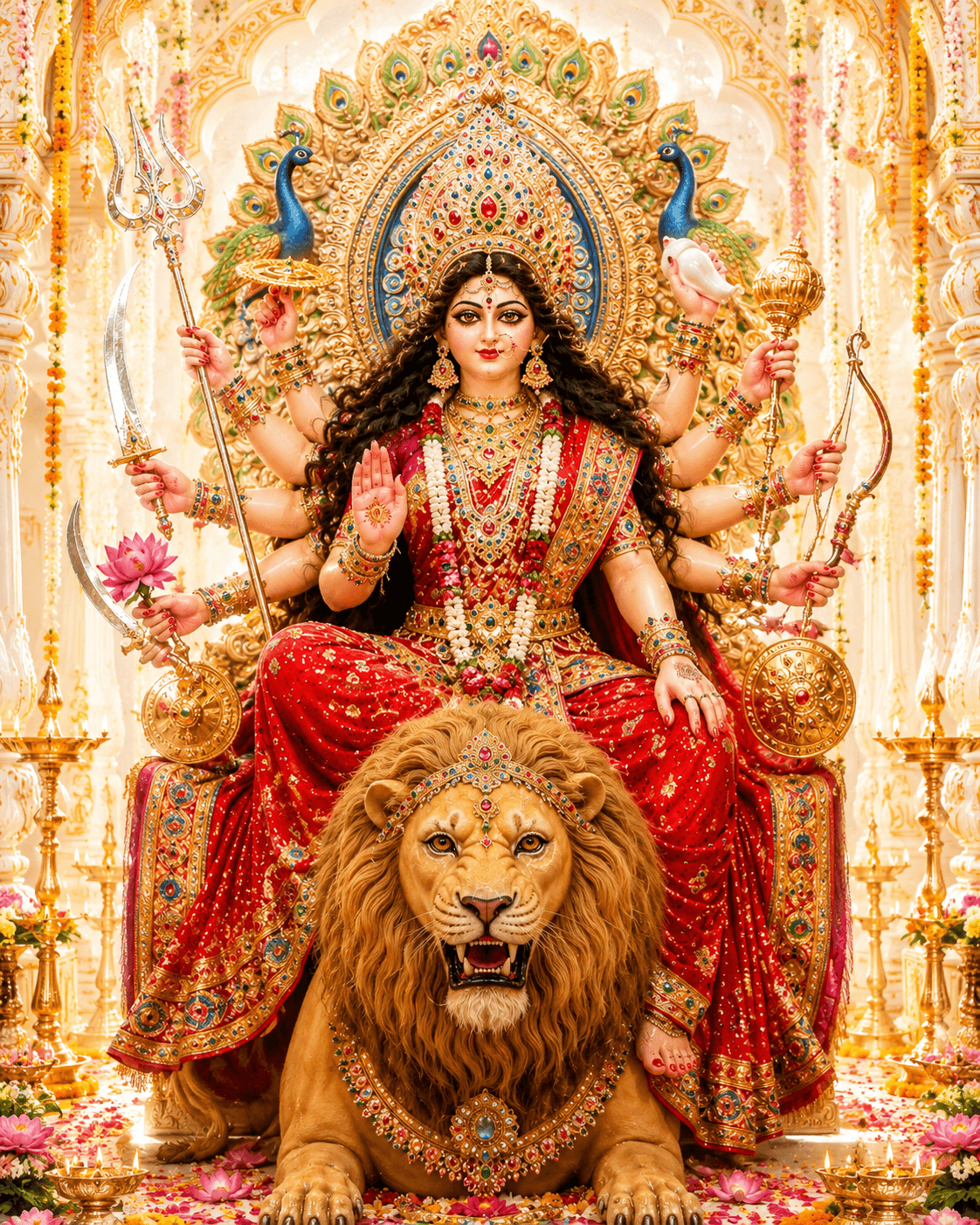 Beautiful 4K image of Goddess Durga seated on a lion with multiple arms holding divine weapons, free HD download for wallpapers and projects.