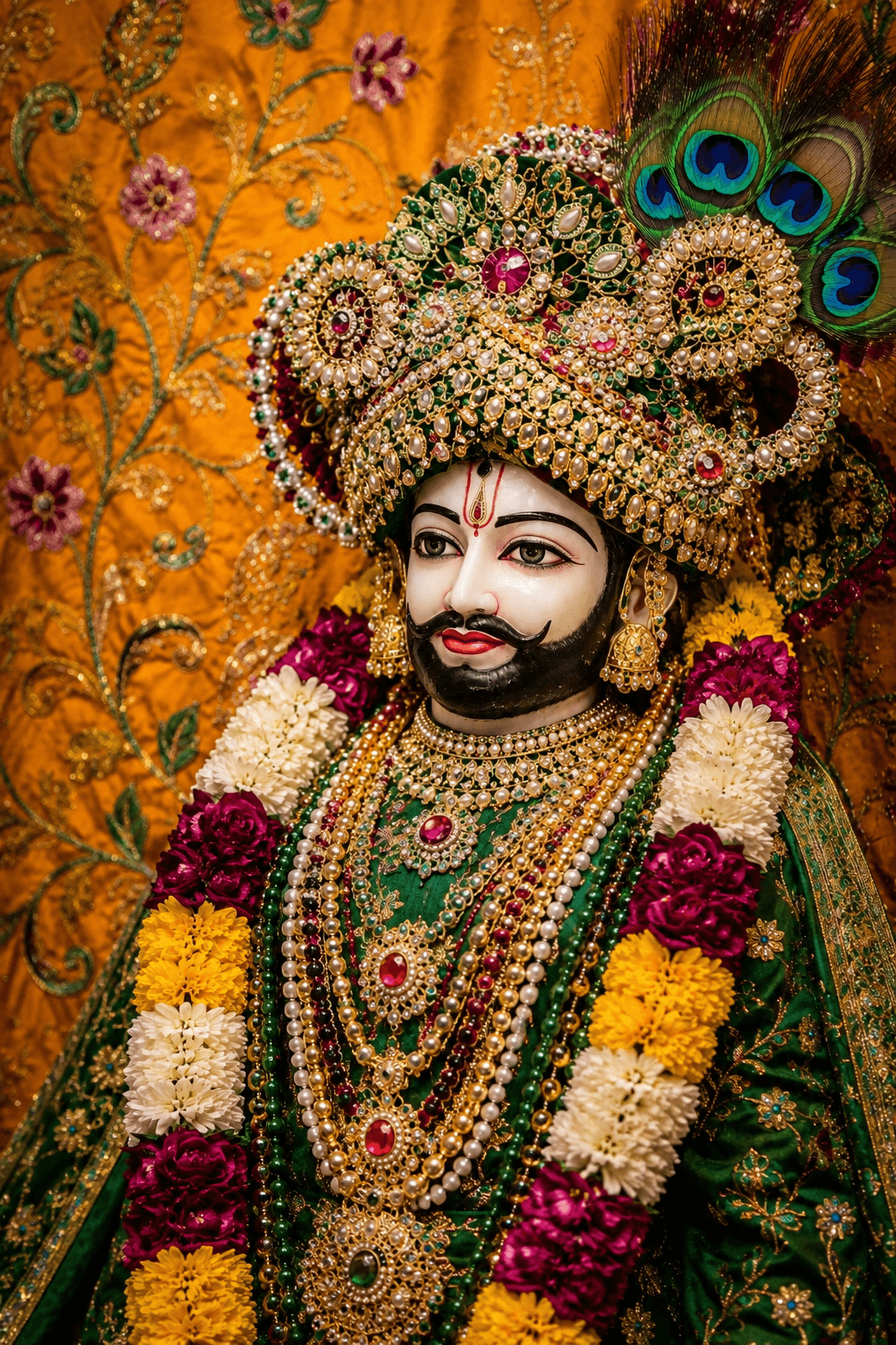 Beautiful 4K image of Khatu Shyam Ji in emerald green attire with jeweled crown and peacock feathers, free HD wallpaper download.