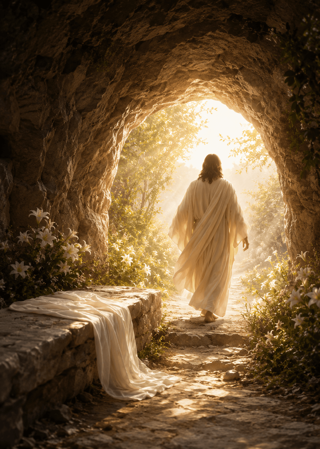 Christian artwork of the risen Jesus Christ walking from the empty tomb into radiant morning light, symbolizing resurrection, hope, victory over death, and eternal life.