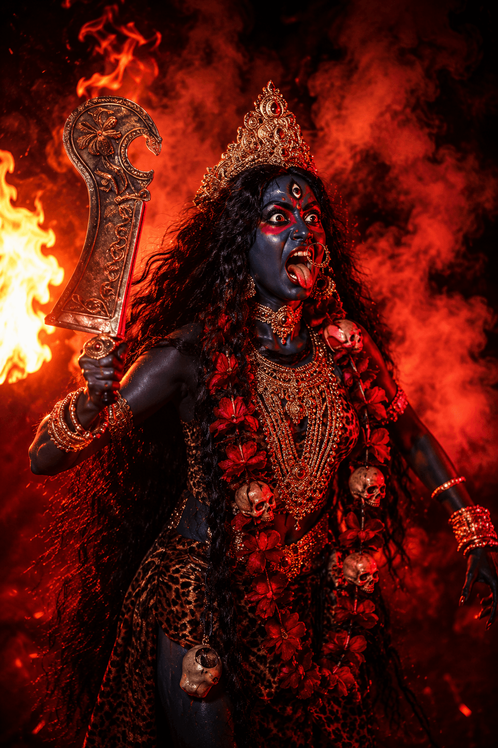 Fierce Maa Mahakali holding a sacred khadga with her third eye, extended tongue, skull garland, and blazing fire background in stunning 4K, free to download.