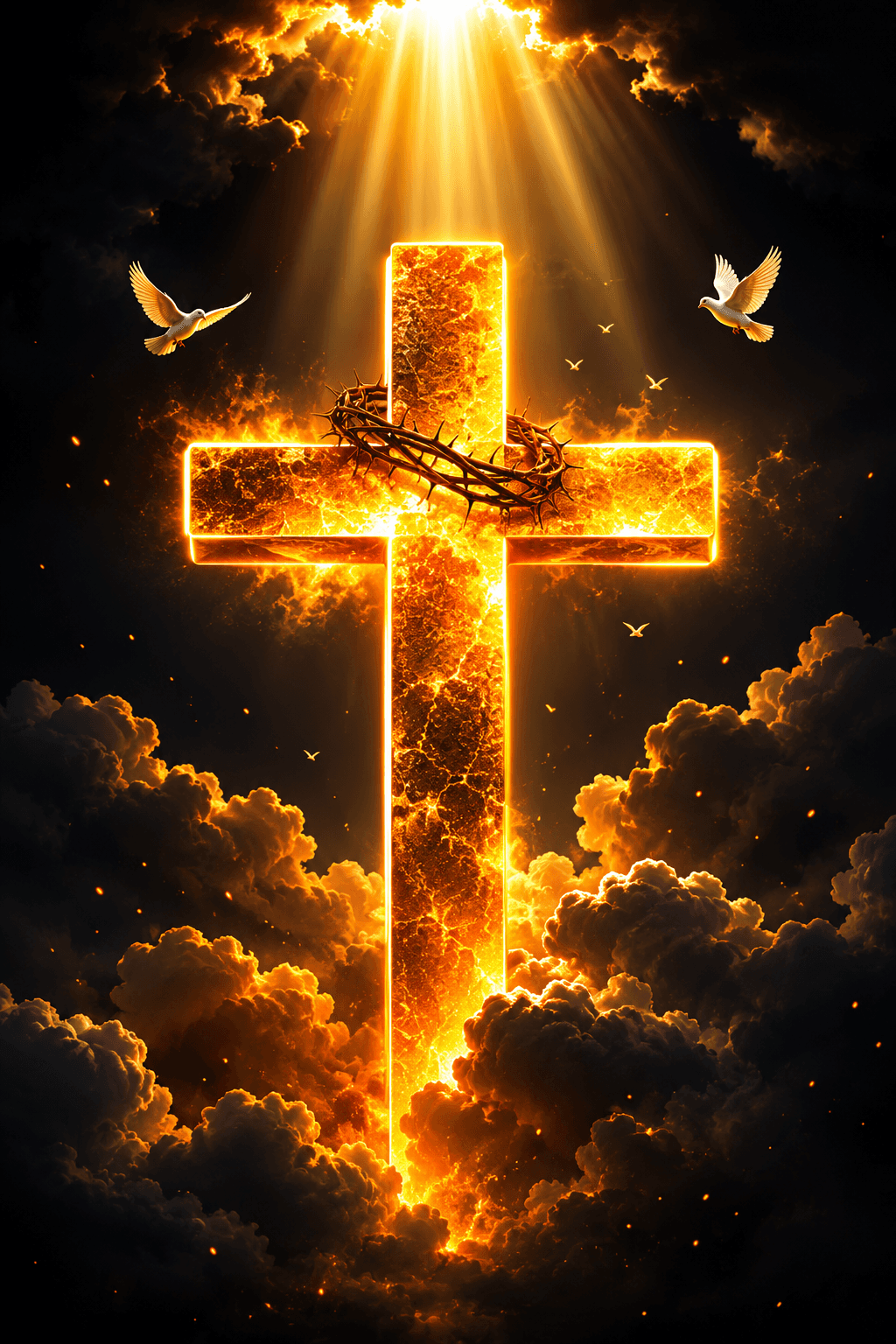 High-resolution glowing golden Christian cross with a crown of thorns, heavenly light rays, white doves, and dramatic clouds, ideal for HD wallpapers, Christian artwork, church media, and faith-inspired designs.