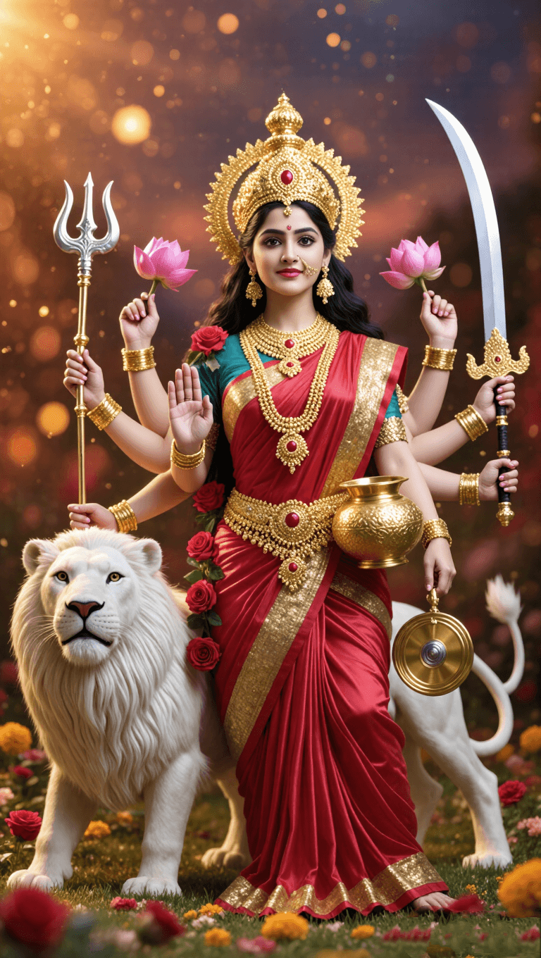 Image of Goddess Durga standing with lion holding trishul, sword, and lotus.