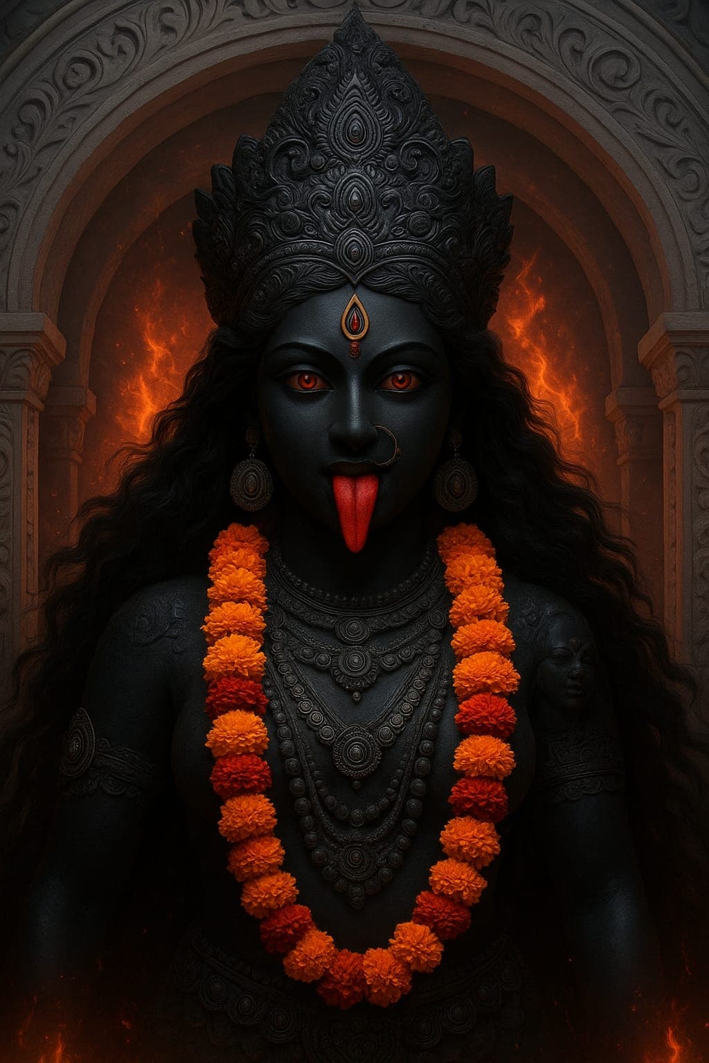 HD portrait image of Goddess Kali with garland and fire background.