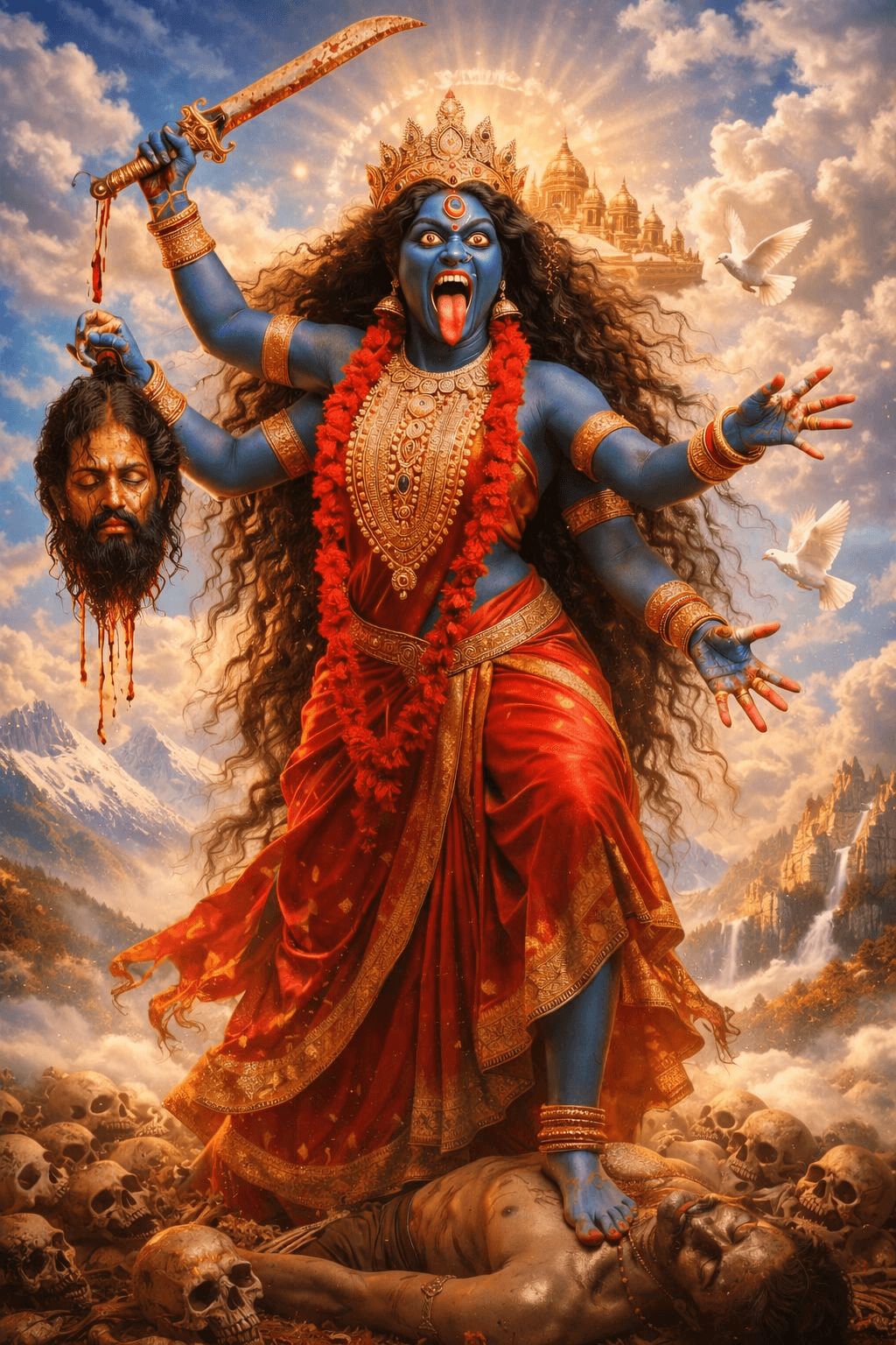 HD image of Goddess Kali divine form in sky with mountains