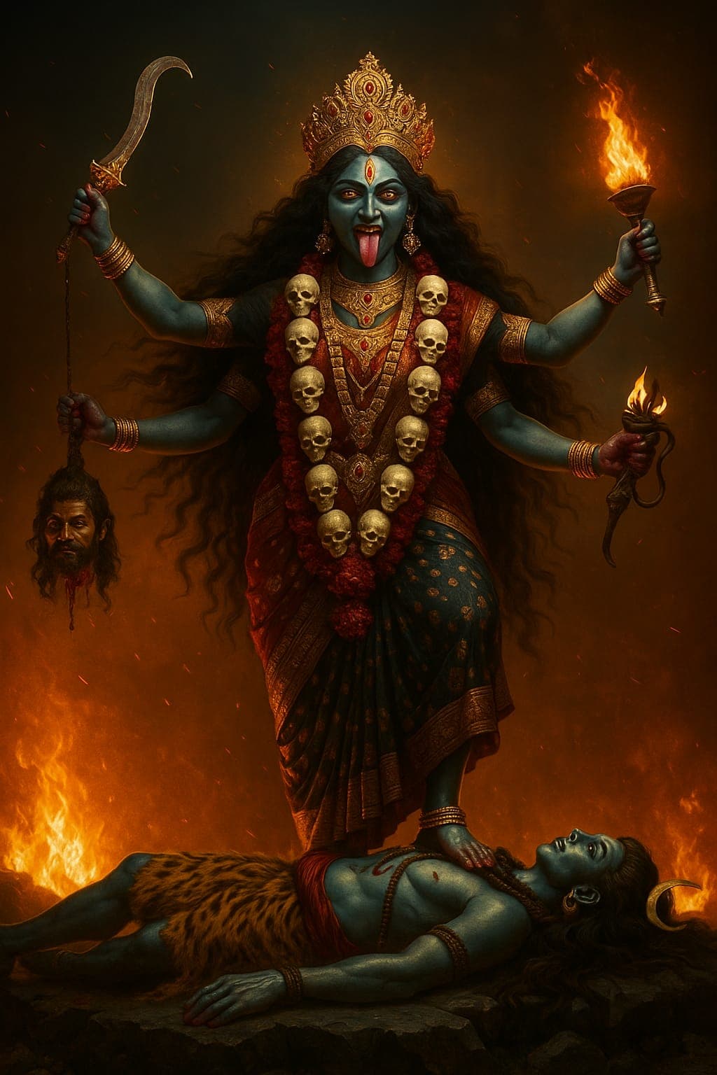 Fierce 4K image of Goddess Kali standing on Shiva with fire background.