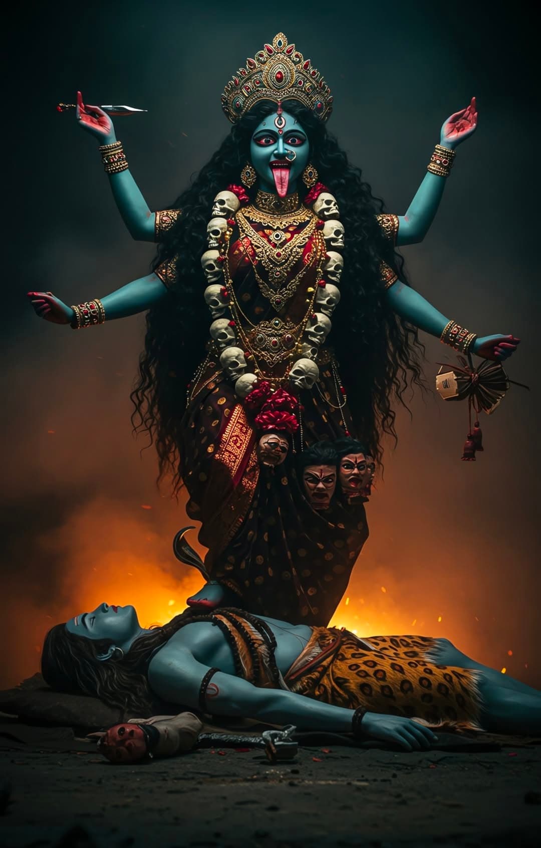 Goddess Kali in fierce form standing over Lord Shiva with fire in background.