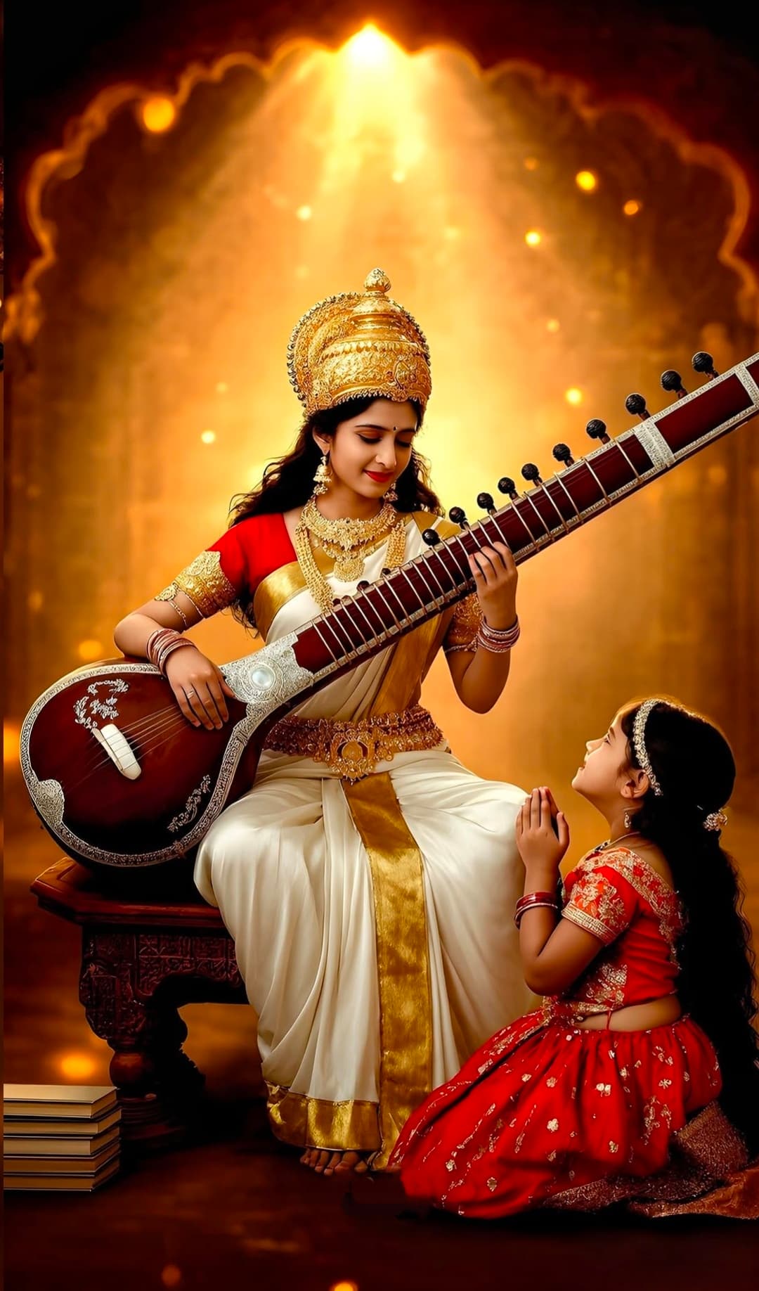 Goddess Saraswati playing veena while blessing a little girl praying before her.