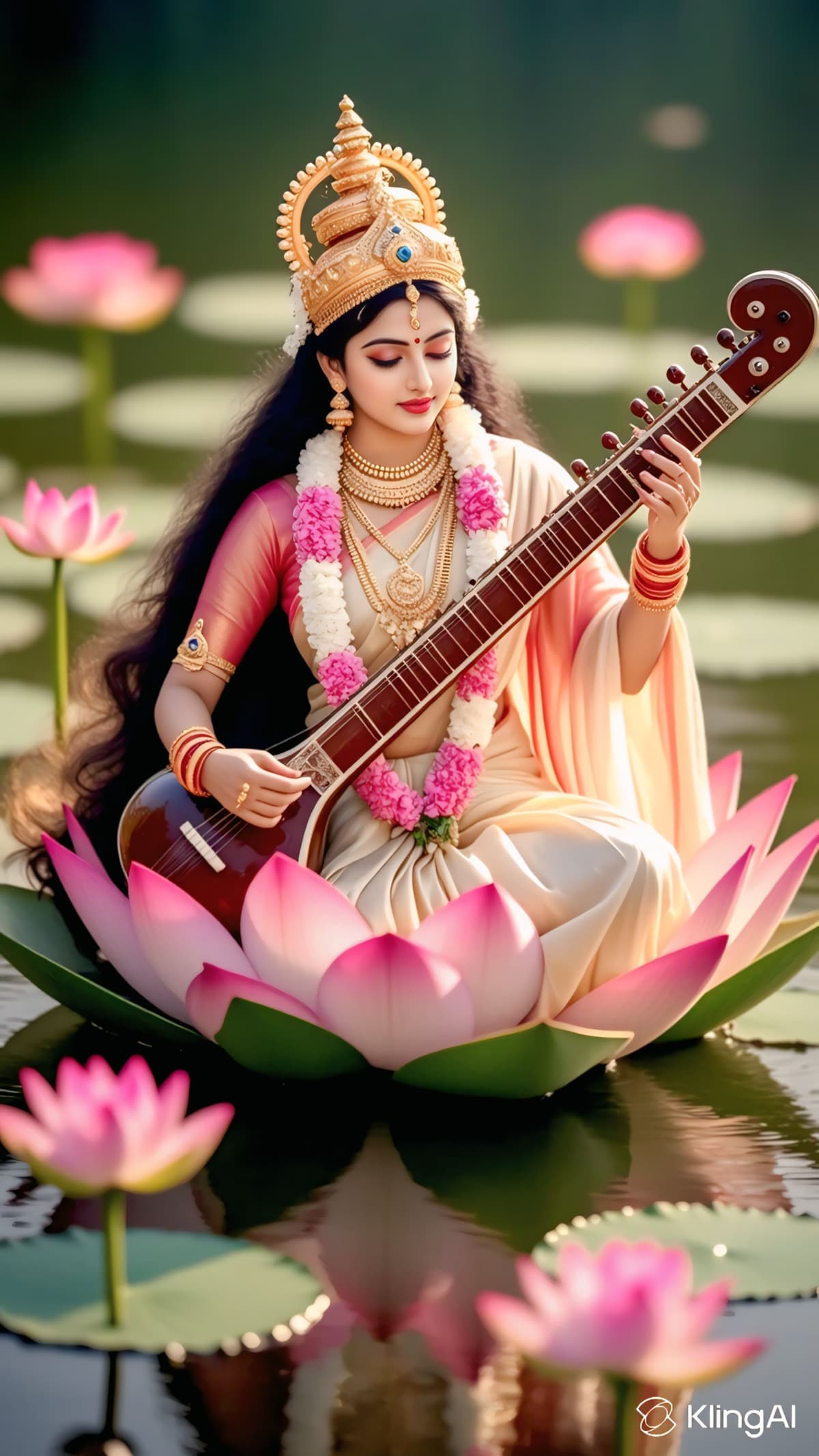 Classic HD image of Goddess Saraswati with veena and divine halo.