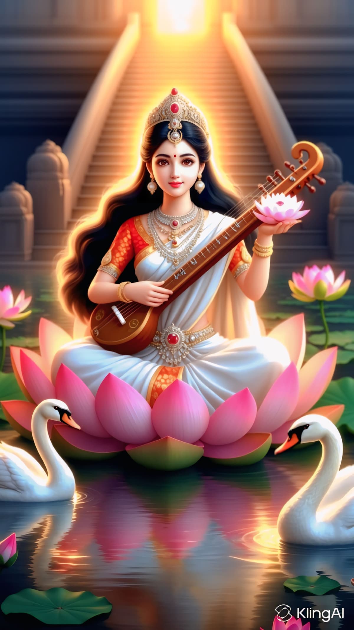 HD image of Goddess Saraswati sitting on a lotus with veena, free to download.
