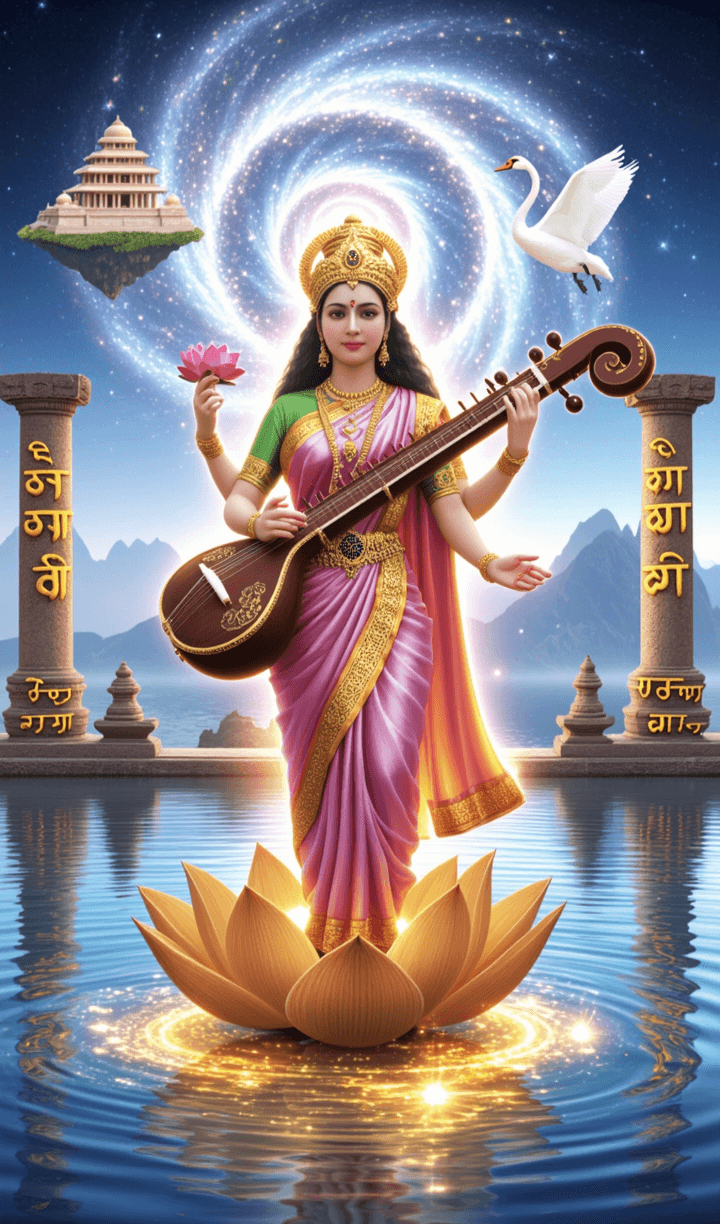 Image of Goddess Saraswati standing on golden lotus with veena and swan