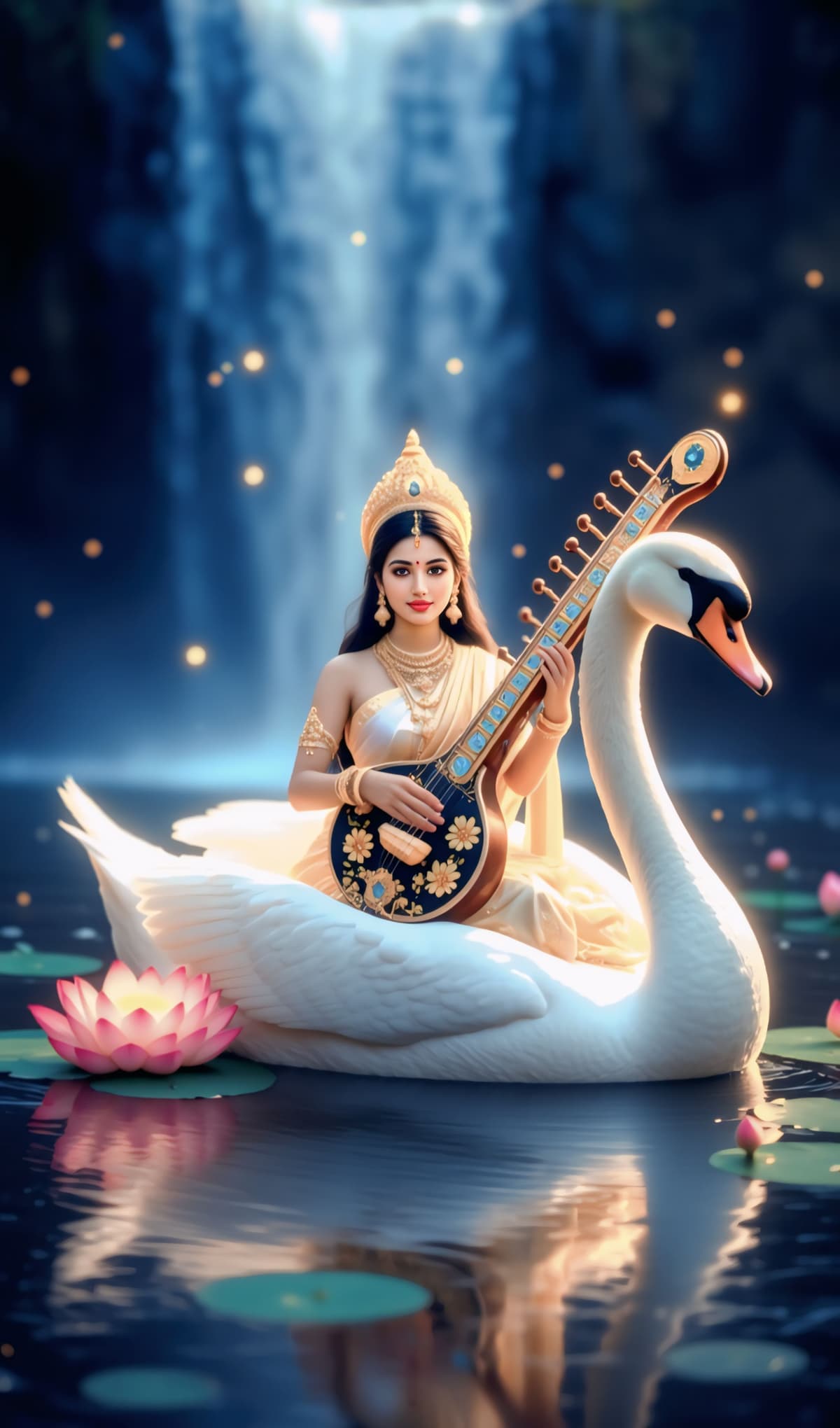 Divine Goddess Saraswati seated on swan near waterfall with veena, HD image free download.