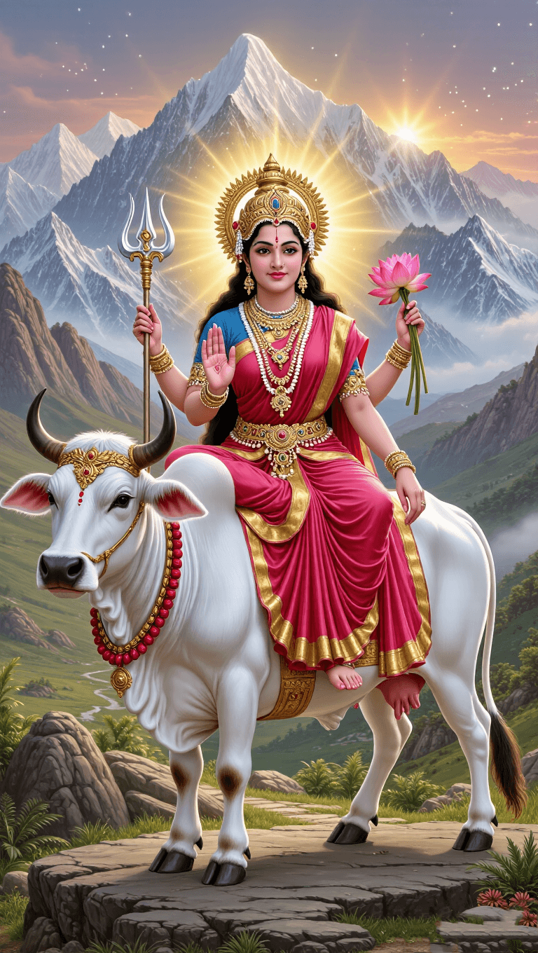 Maa Shailputri seated on Nandi with trident and lotus