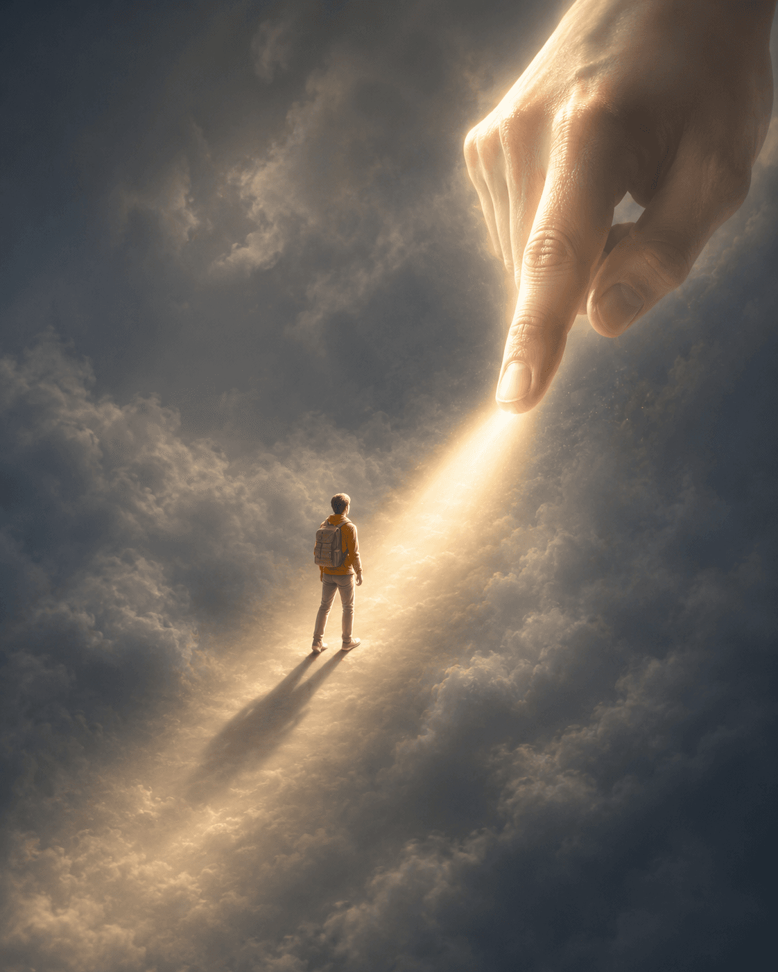 High-resolution inspirational artwork of a divine hand pointing a traveler toward a glowing path through dramatic clouds, symbolizing God's guidance and hope, ideal for HD wallpapers.