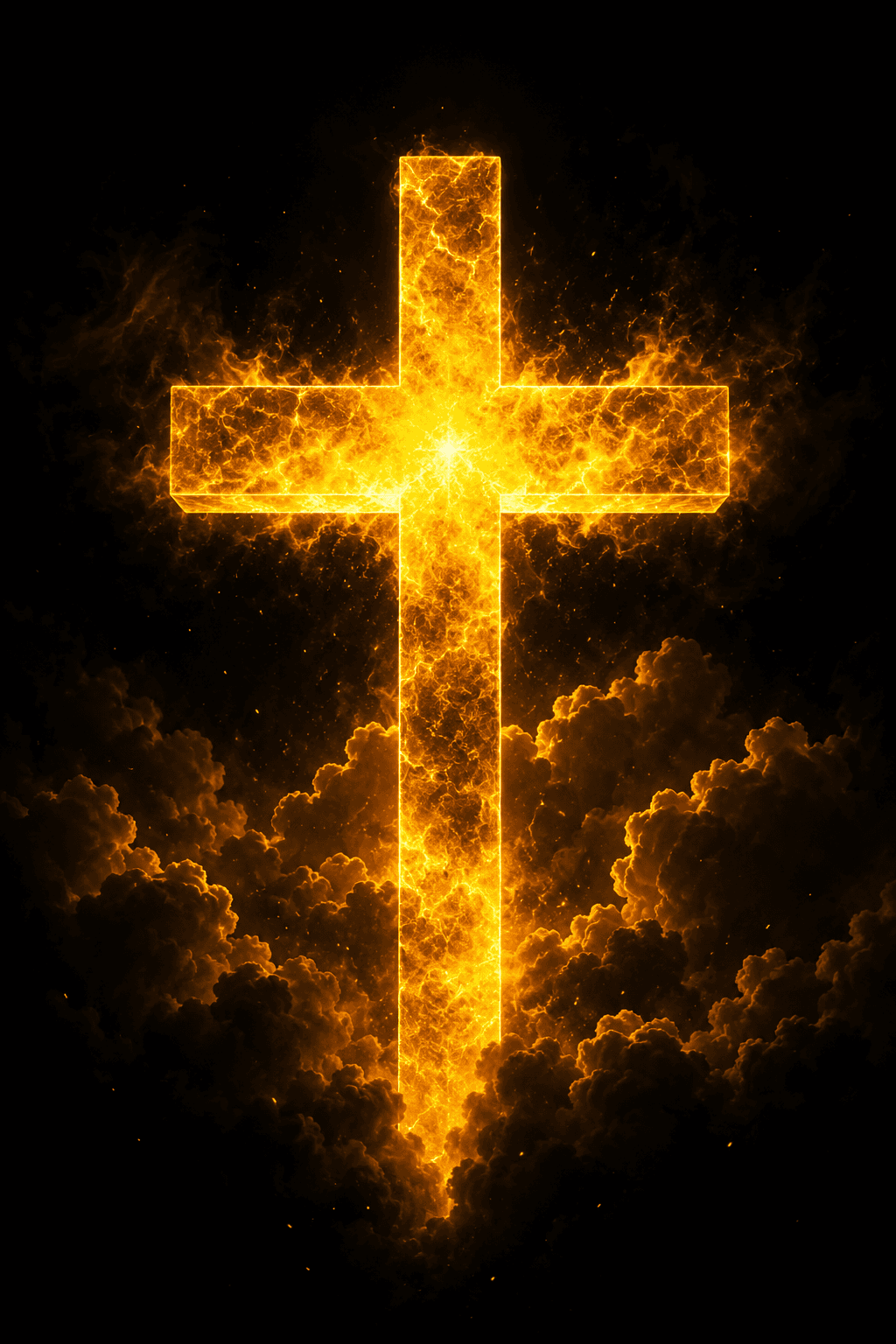 High-resolution glowing golden Christian cross surrounded by radiant light and dramatic clouds on a dark background, ideal for HD wallpapers, church media, Christian artwork, and faith-inspired digital designs.