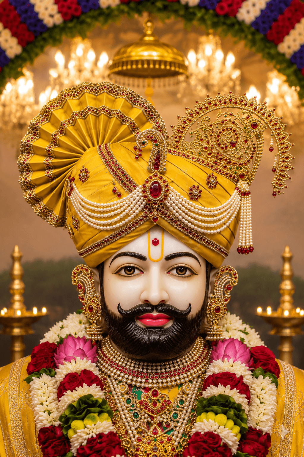 Beautiful 4K image of Khatu Shyam Ji in golden attire with pearl jewelry and floral garlands, free HD wallpaper download.