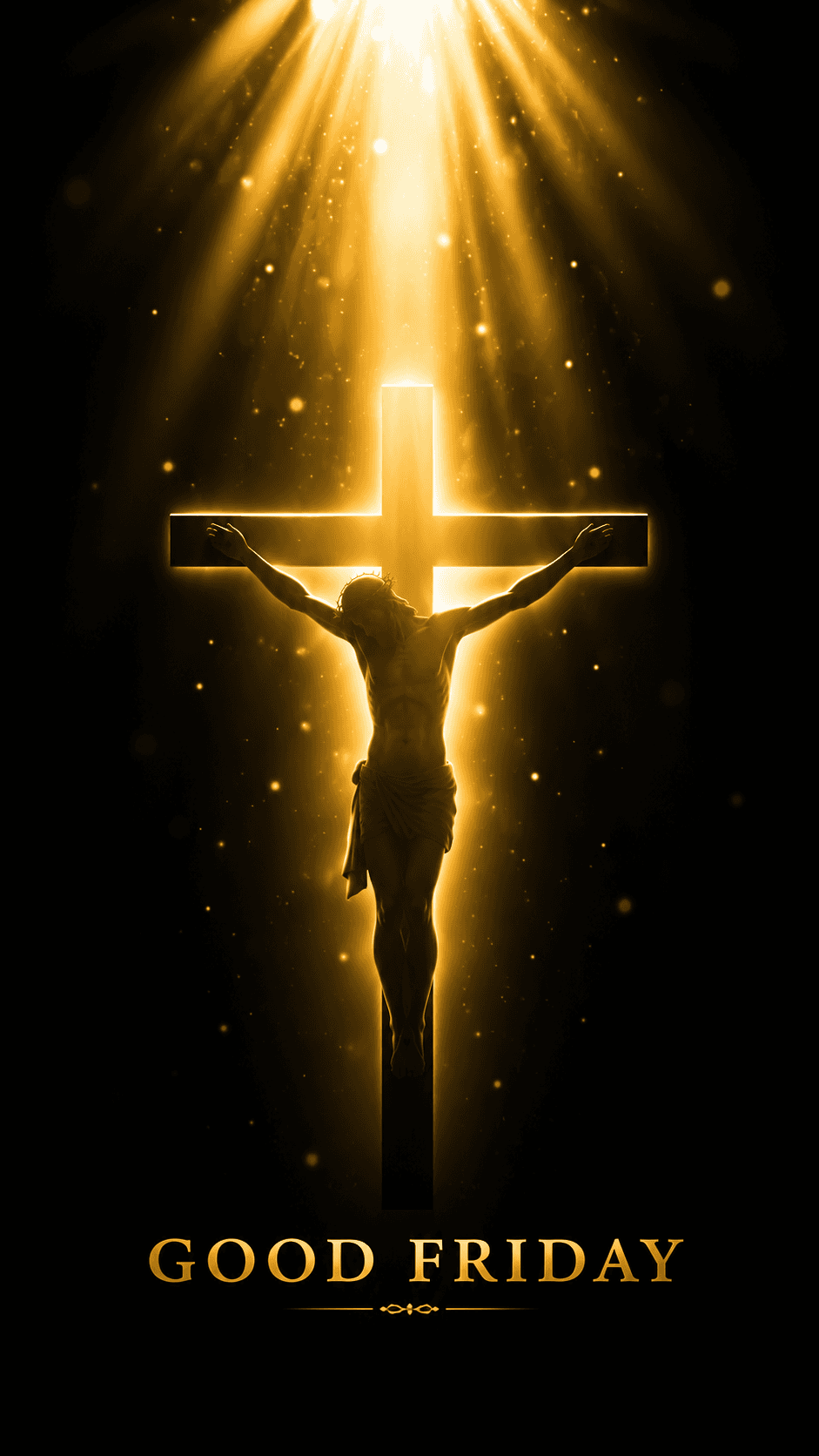 High-resolution Good Friday artwork featuring Jesus Christ on the cross illuminated by golden heavenly light, symbolizing sacrifice, redemption, and faith, ideal for HD wallpapers, church media, and Christian devotional designs.