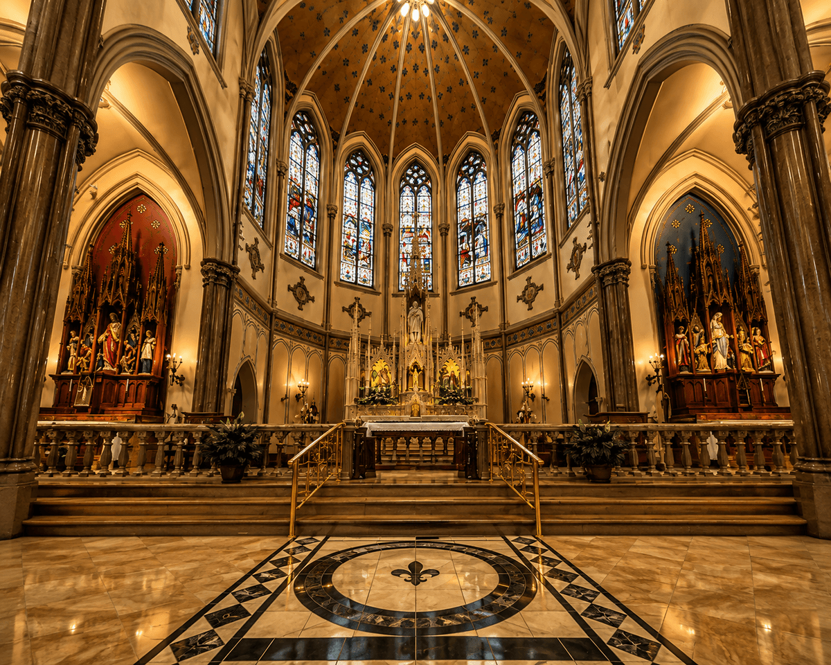 Stunning Gothic cathedral interior with ornate altar, stained-glass windows, vaulted ceiling and detailed religious artwork, 4K image for download.