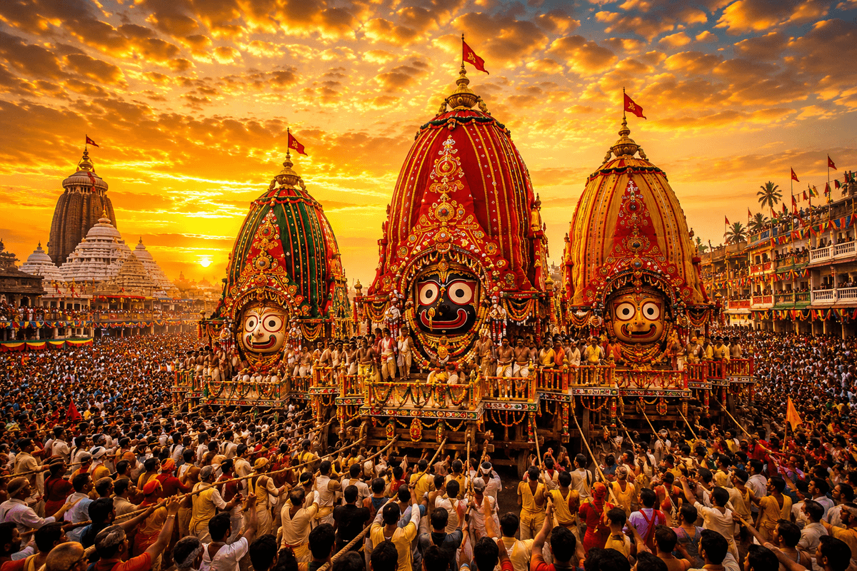 Spectacular 4K image of Lord Jagannath Rath Yatra with decorated chariots, thousands of devotees, and a glowing sky, free HD download.