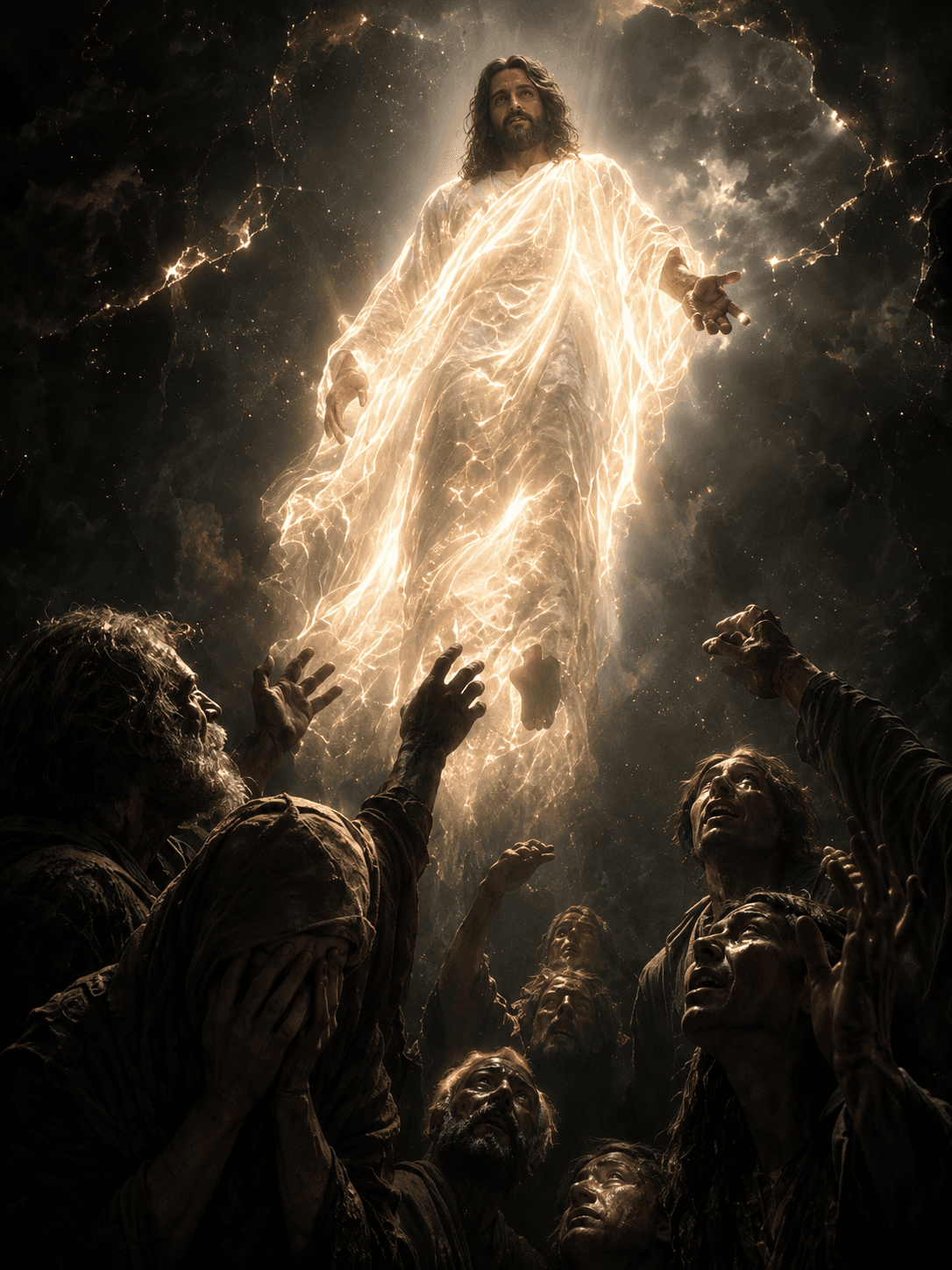 High-resolution artwork of Jesus Christ ascending in radiant heavenly light as followers look up in awe, creating a dramatic Christian devotional HD wallpaper.