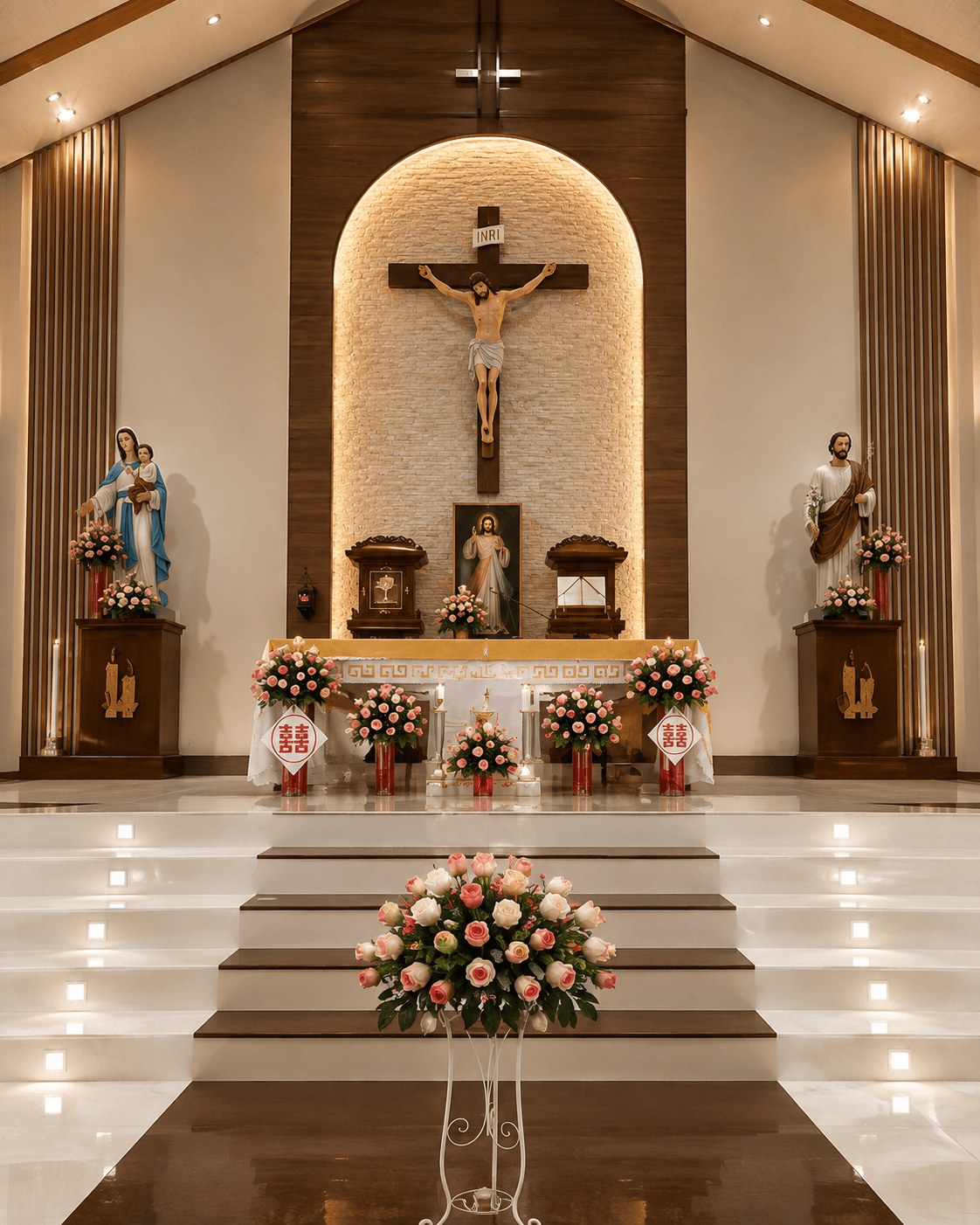 Jesus Christ crucifix above a beautifully decorated church altar with flowers and religious statues, high-resolution 4K image for download.