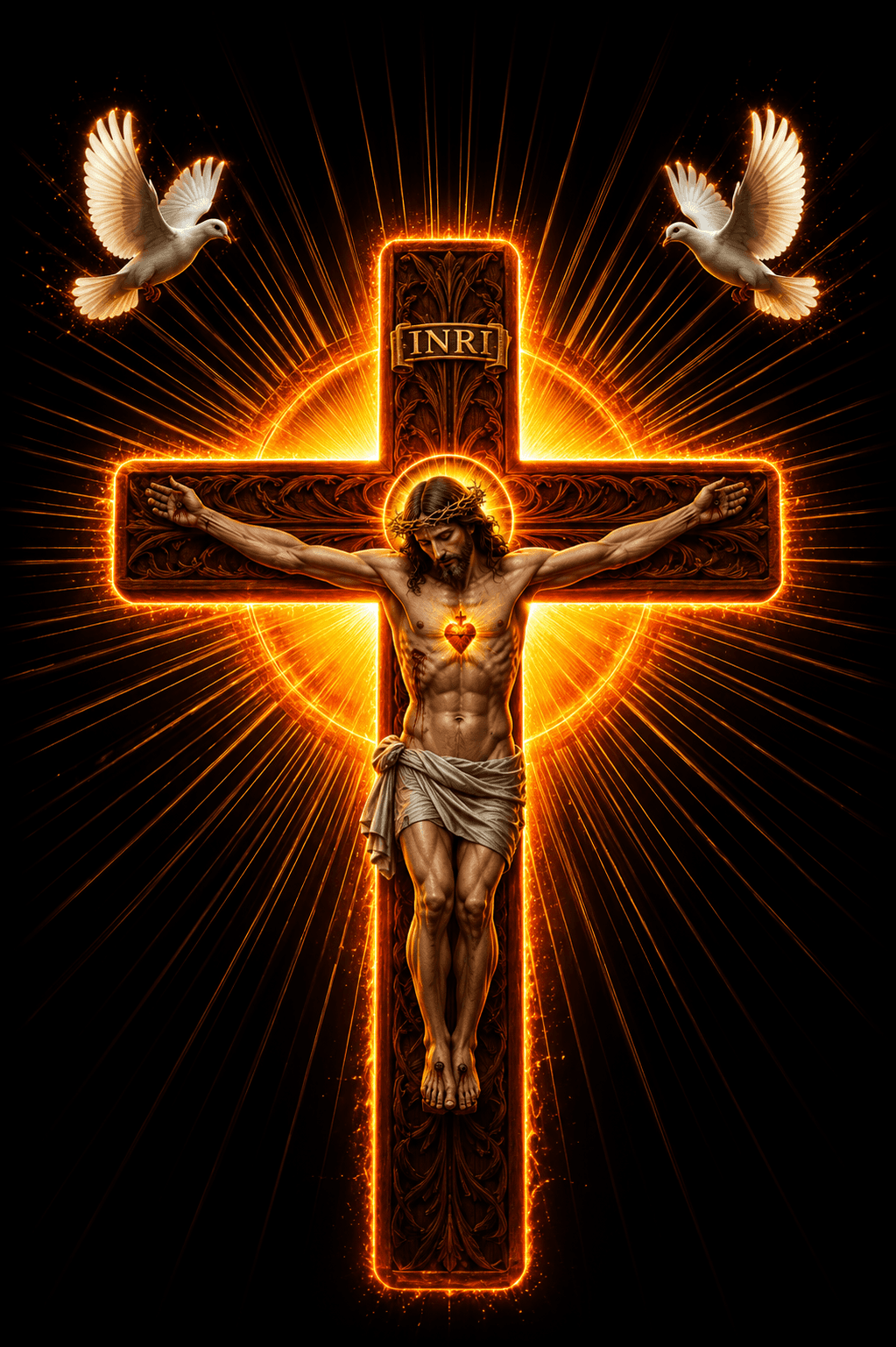High-resolution 4K image of Jesus Christ on the glowing cross with a radiant halo, Sacred Heart, and white doves, ideal for HD wallpapers and devotional downloads.