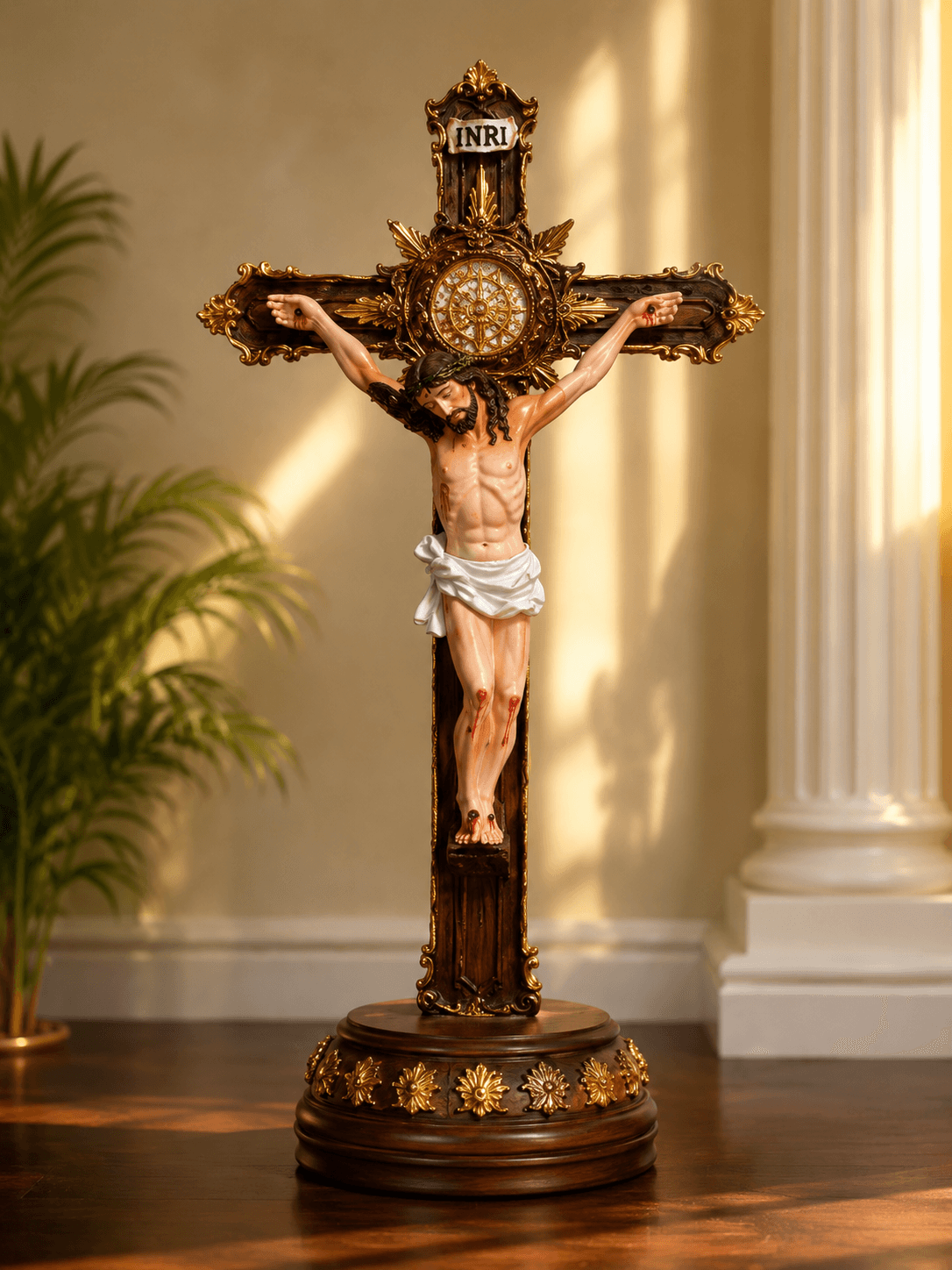 High-resolution 4K image of a beautifully carved Jesus Christ crucifix statue with INRI inscription on an ornate wooden cross, perfect for devotional wallpapers and Christian artwork.