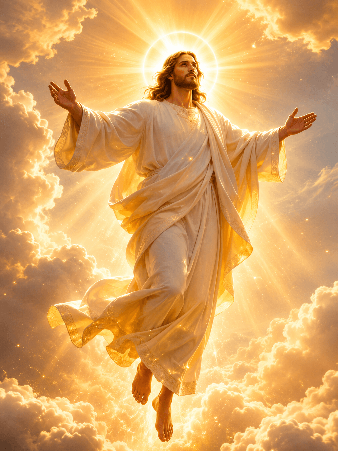 High-resolution artwork of Jesus Christ in radiant white robes ascending through golden clouds with a glowing halo, ideal for HD wallpapers and devotional artwork.