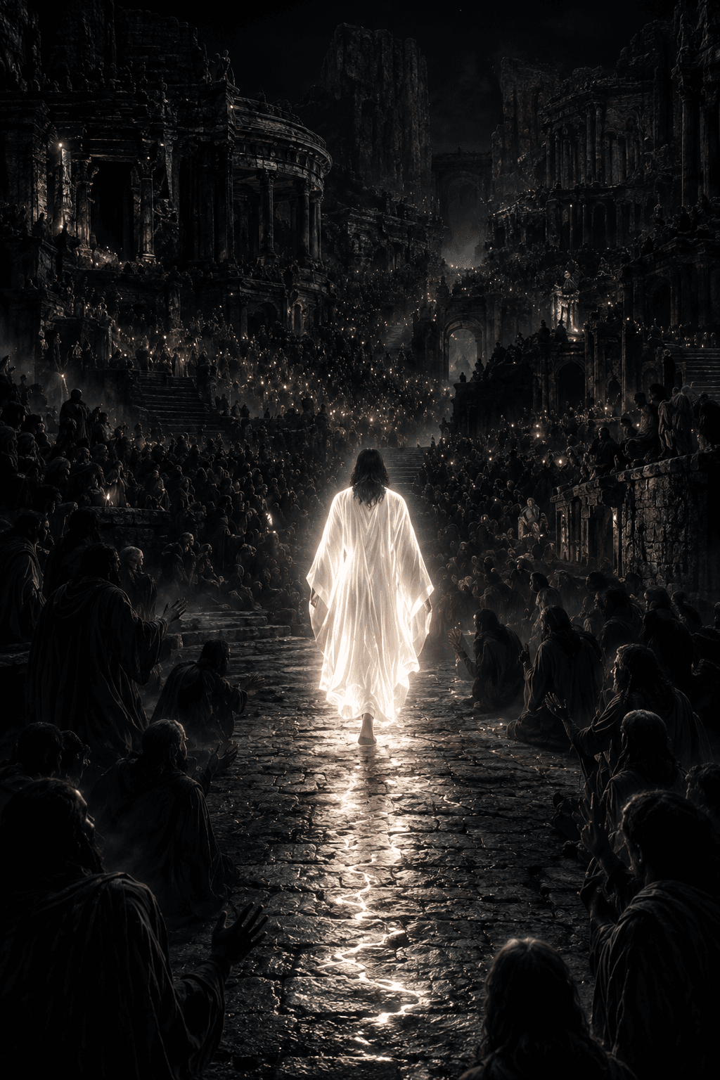 High-resolution artwork of Jesus Christ walking through an ancient city in radiant divine light as followers gather in awe, creating a dramatic Christian devotional HD wallpaper.