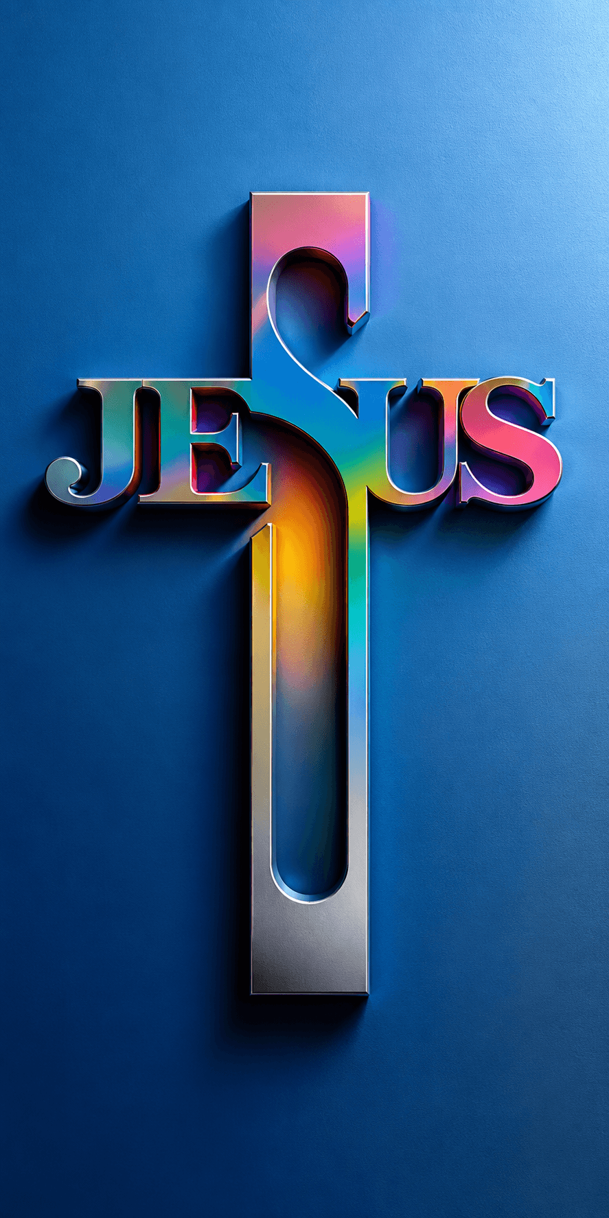High-resolution modern Jesus cross logo featuring colorful metallic typography on a blue background, ideal for Christian branding, HD wallpapers, and creative graphic design.