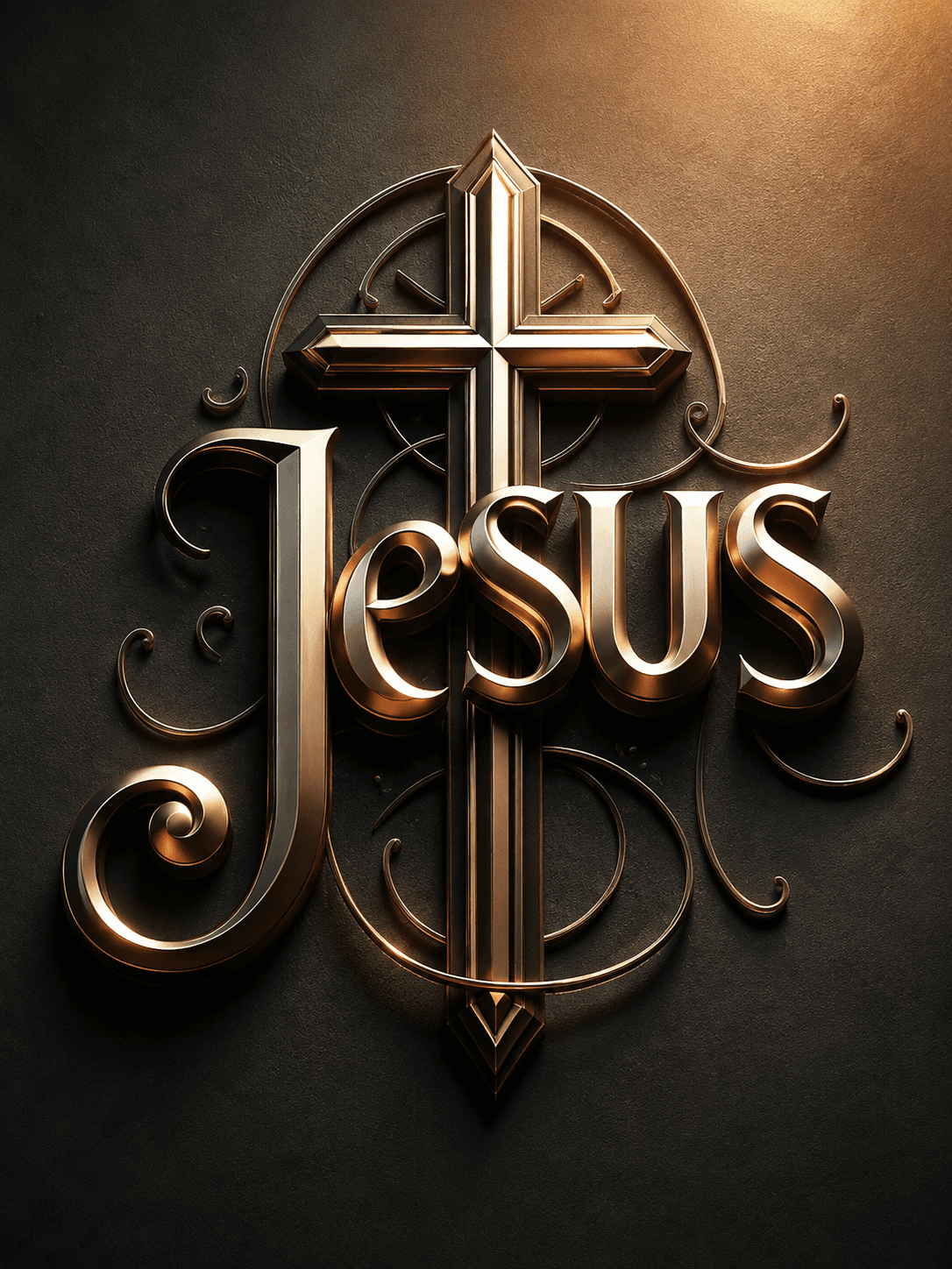 High-resolution metallic Jesus typography with an elegant Christian cross on a dark textured background, ideal for HD wallpapers, church branding, and Christian graphic design.
