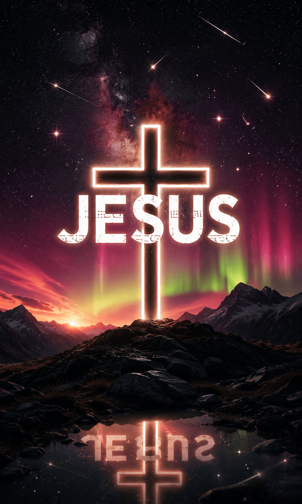 High-resolution artwork featuring Jesus Christ crucified on the cross at Calvary with dramatic golden sun rays, framed within bold "JESUS" typography, ideal for HD wallpapers, church media, and Christian devotional designs.