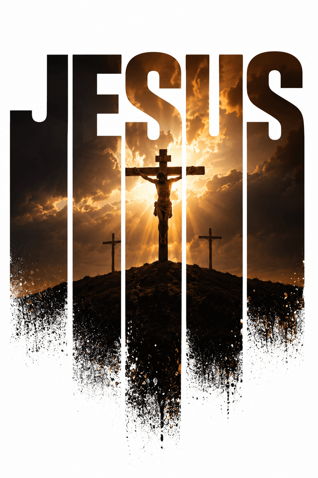 High-resolution artwork featuring Jesus Christ crucified on the cross at Calvary with dramatic golden sun rays, framed within bold "JESUS" typography, ideal for HD wallpapers, church media, and Christian devotional designs.