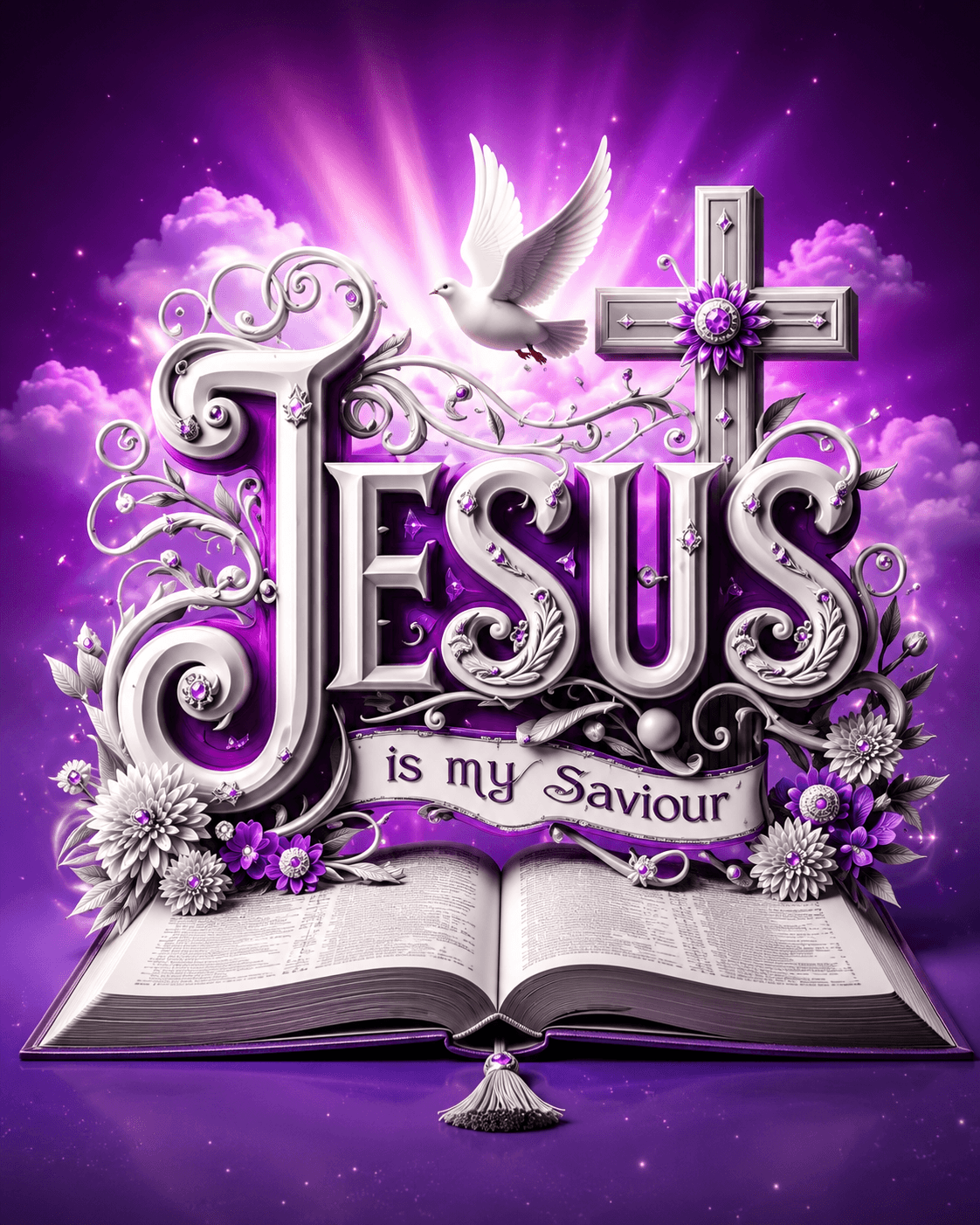 High-resolution Christian artwork featuring "Jesus Is My Saviour" typography with a silver cross, white dove, open Bible, purple flowers, and radiant heavenly background, ideal for HD wallpapers, church media, and faith-inspired designs.