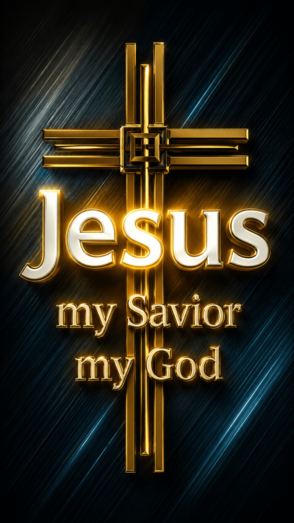 High-resolution Christian artwork featuring a golden cross with "Jesus My Savior My God" typography on a dark textured background, ideal for HD wallpapers, church media, Christian artwork, and faith-inspired digital designs.
