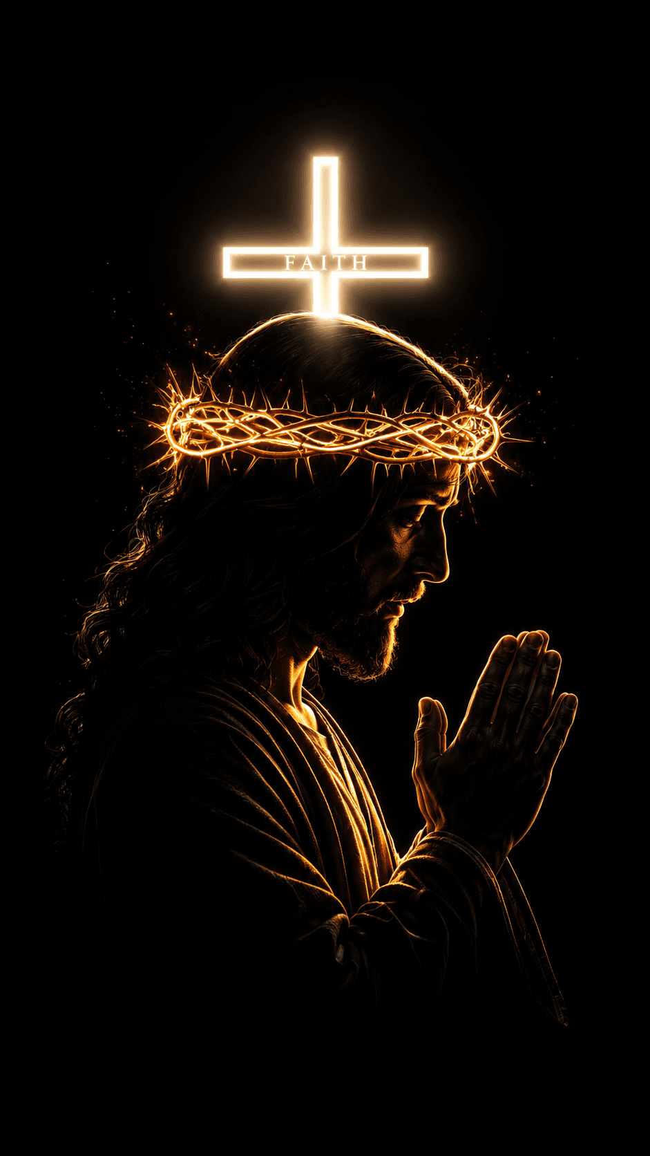 High-resolution artwork of Jesus Christ praying with a glowing crown of thorns beneath an illuminated cross, symbolizing faith, hope, and devotion, ideal for HD wallpapers, church media, and Christian digital artwork.