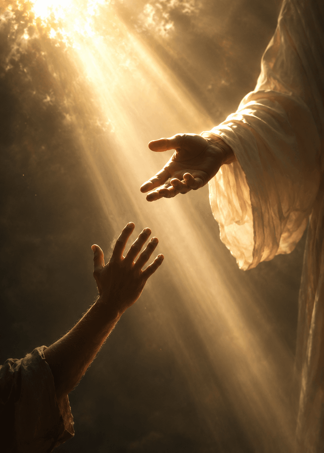 Inspirational Christian artwork of Jesus Christ extending His hand toward a believer through heavenly golden light, symbolizing hope, mercy, salvation, and divine guidance.
